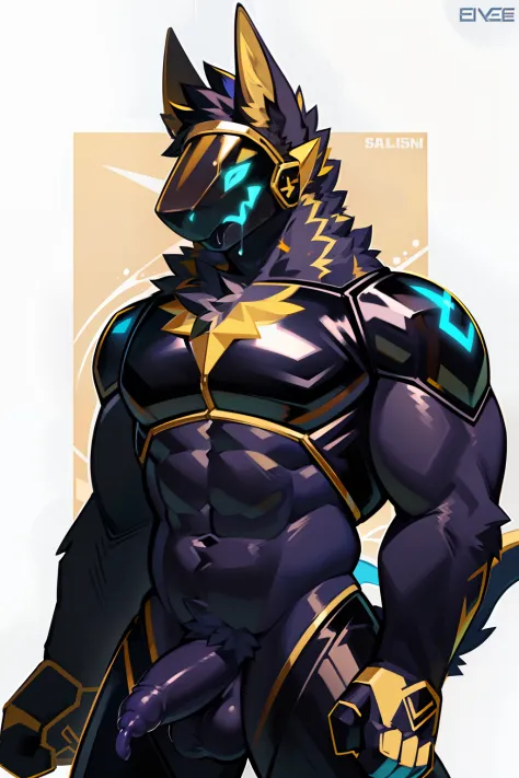 Mecha warrior，Shark beasts，Mature male，Abs，The main colors are gold and black，Mature male，tactical clothes，He wears black ski goggles on his forehead，Shiny golden tongue，Personify the body，Exquisite work，Male genitalia，NSFW works，The whole body is covered ...