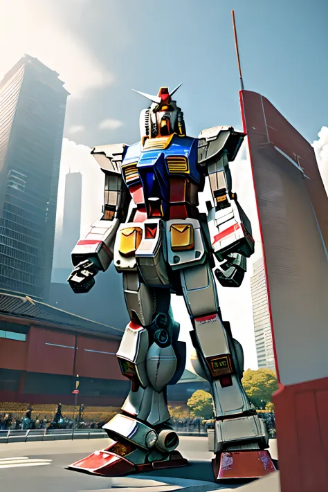 (giant towering statue rx78), (cyberpunk cityscape background:1),ultra-realistic,high quality,high resolution,8k,masterpiece:1.0),ultra-detailed, crowds on the street:0.8), (((japan))) city