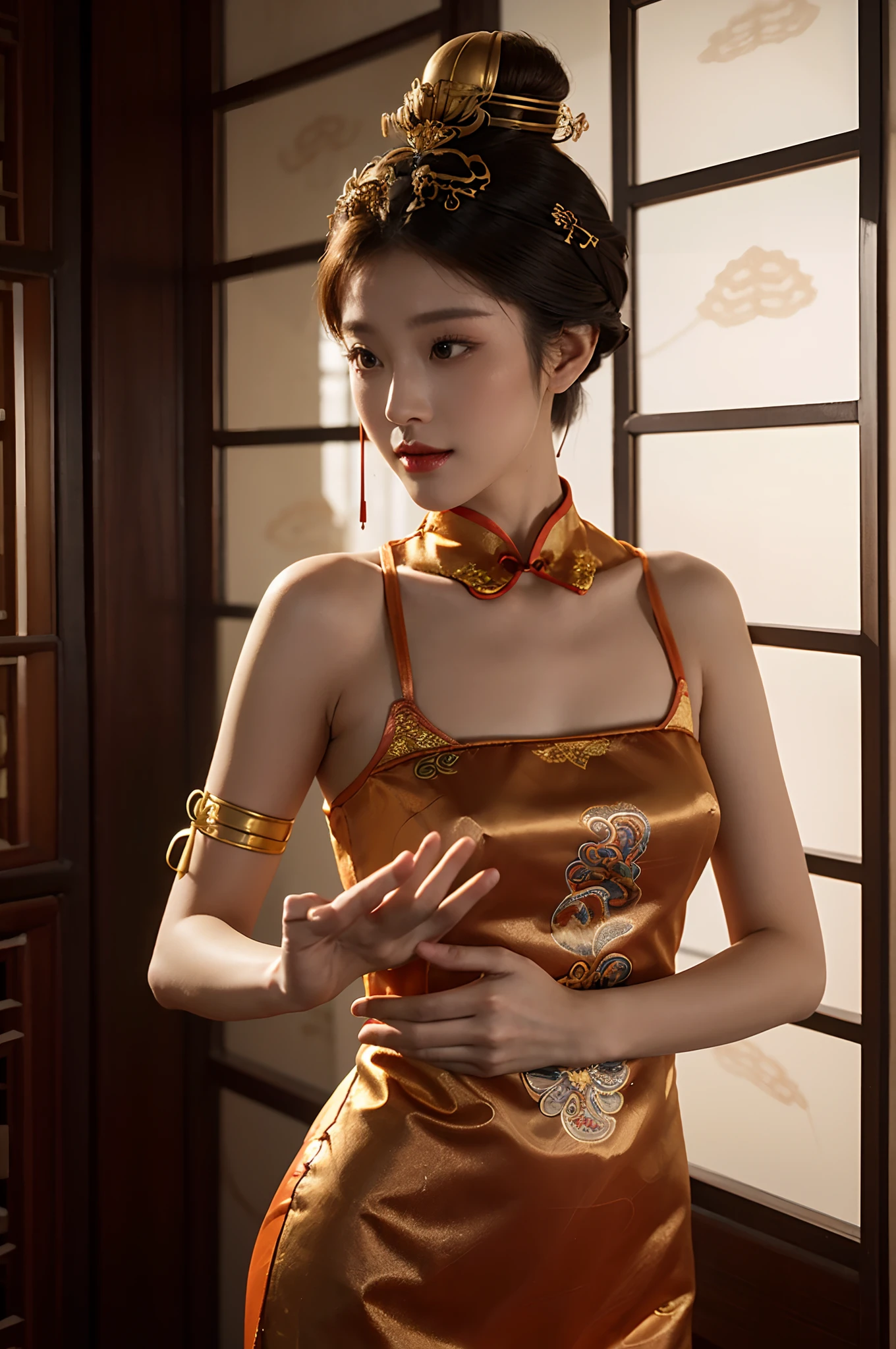 model shoot,Several lesbians,leering:1.4,Taoist,single hair bun,(An ancient Chinese hairpin on her head:1.5),Use mahogany hairpins,(Revealing a translucent cheongsam),(Urzang-6500-V1 version.3,PureFace_V1,Octane rendering),Elegant Pose,xxmix girl woman,Perfect composition golden ratio, Masterpiece, Best quality, 4K, Sharp focus. better hands, Perfect anatomy.