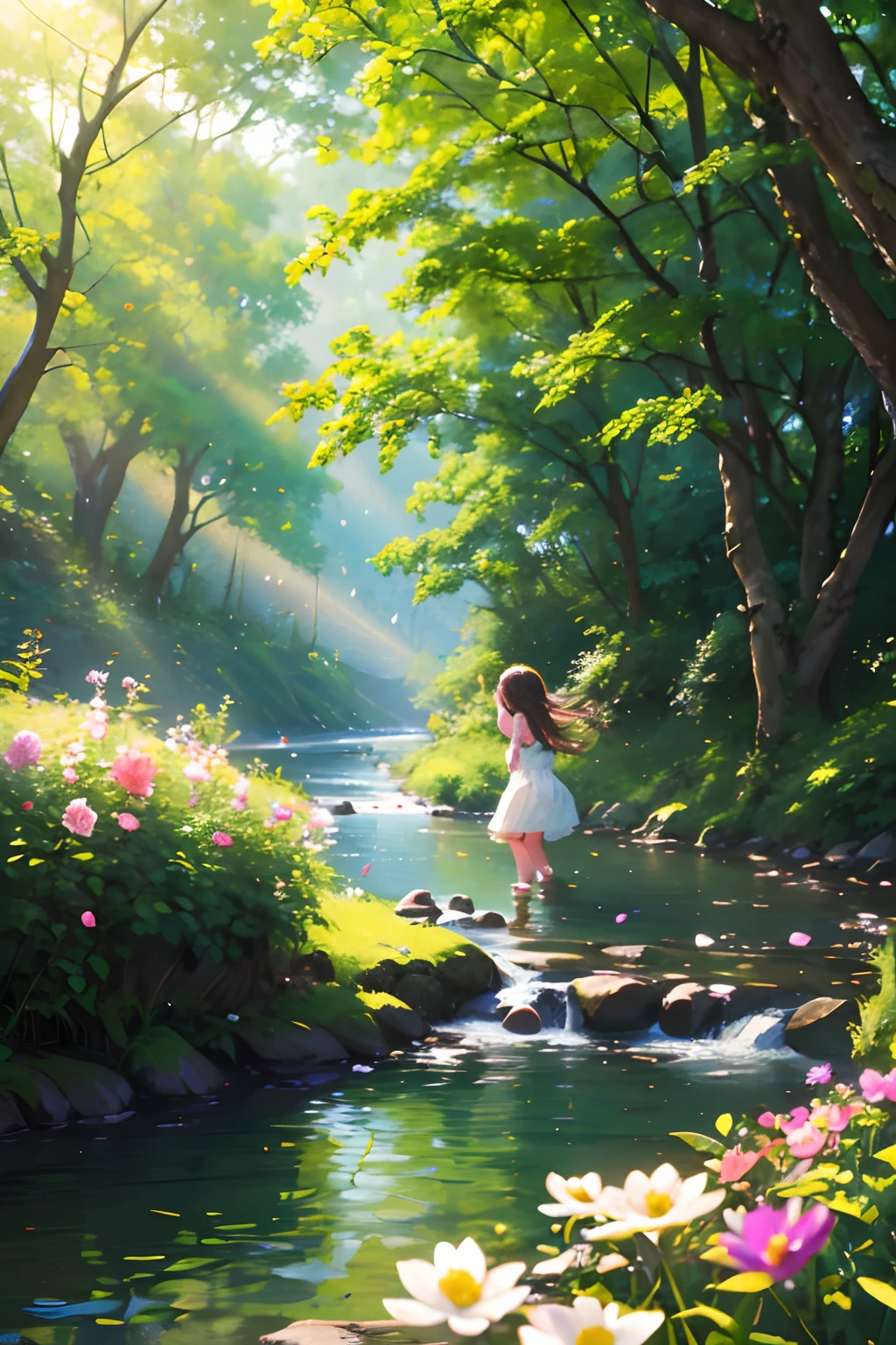 a forest crossed by a river, flowers, swallows in the sky, spring, children playing. the light filters through the branches of the trees(a forest crossed by a river,flowers,swallows in the sky,spring,children playing), oil painting, ultra-detailed, vivid colors, realistic lighting, landscape, birds chirping, sunlight filtering through the trees, soft breeze, lush green foliage, sparkling water reflections, vibrant wildflowers, joyful laughter, carefree children's expressions, dynamic brushstrokes, harmonious composition.