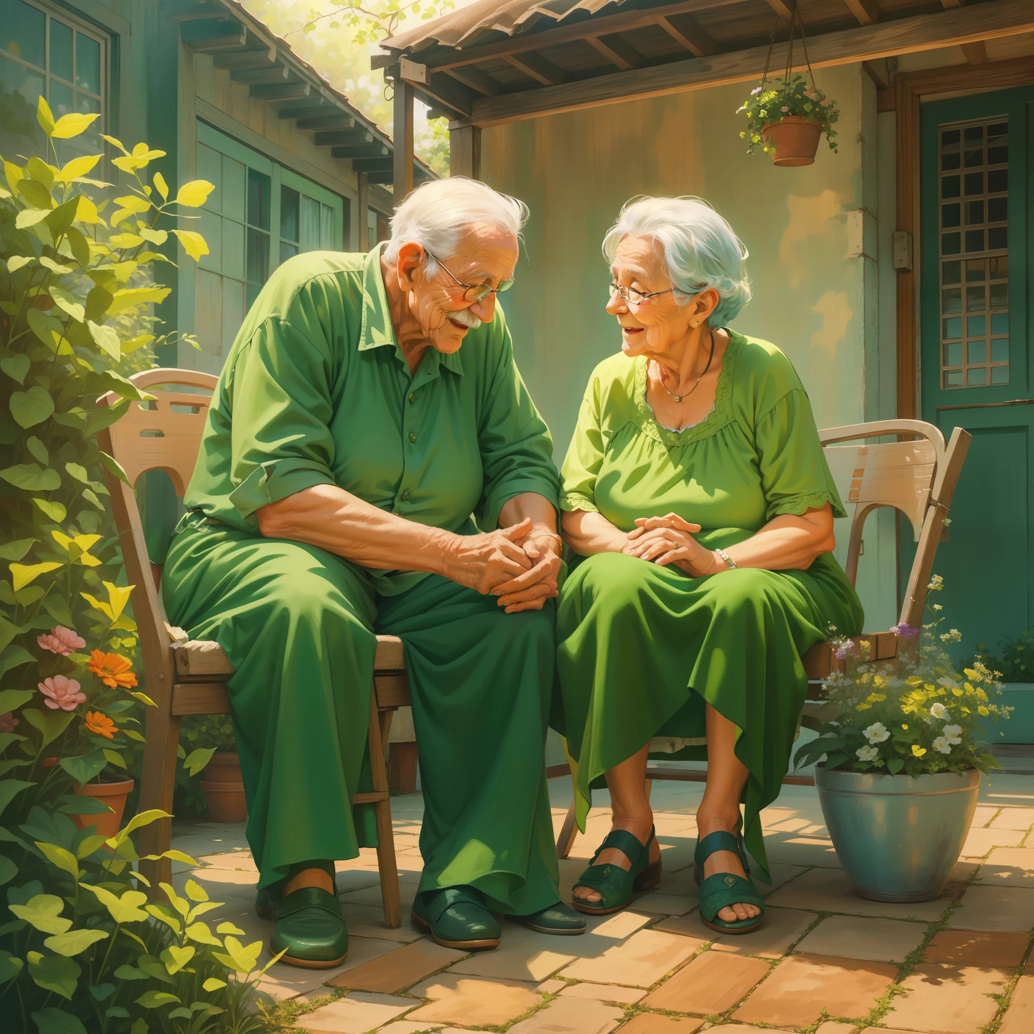 (старый дедушка и старая бабушка влюблены друг в друга, бабушка в зеленом платье, вместе сидим в их патио),Иллюстрация,акриловая живопись,[яркие цвета],[Семейные связи],[прекрасная сцена],[мирная атмосфера],(Лучшее качество,Высокое разрешение,шедевр:1.2),ультрадетализированный,[естественное освещение],[ностальгический],хорошее настроение,Теплые тона