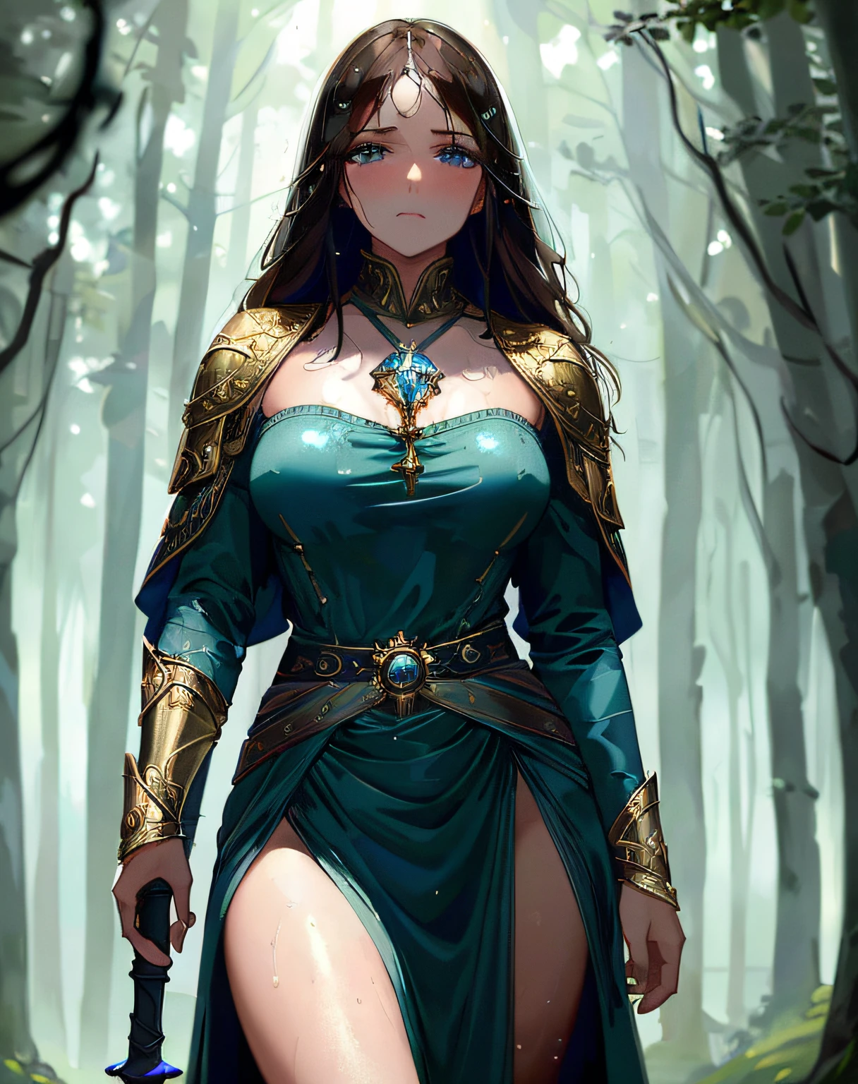 A mesmerizing portrait of a young woman in a translucent western tunic dress, dark blue clothes, cloak, French ancestry, light blue eyes, dark brown hair. medium size breasts, drenched in rain, look of disapproval, fantasy art, dnd art, rpg art, a female human mage holding staff (best details, Masterpiece, best quality :1.5), controlling magical energy made of electricity, swirling blue stary magical light, human female (best details, Masterpiece, best quality :1.5), extremally beautiful (best details, Masterpiece, best quality :1.5), ultra feminine (best details, Masterpiece, best quality :1.5), proper eye position, natural skin, backlight, cinematic light, rim light, soft light, hips, bare thighs, in night time, forest background, detailed color graded background, intricate , highly detail, octane render, HD, 4k,