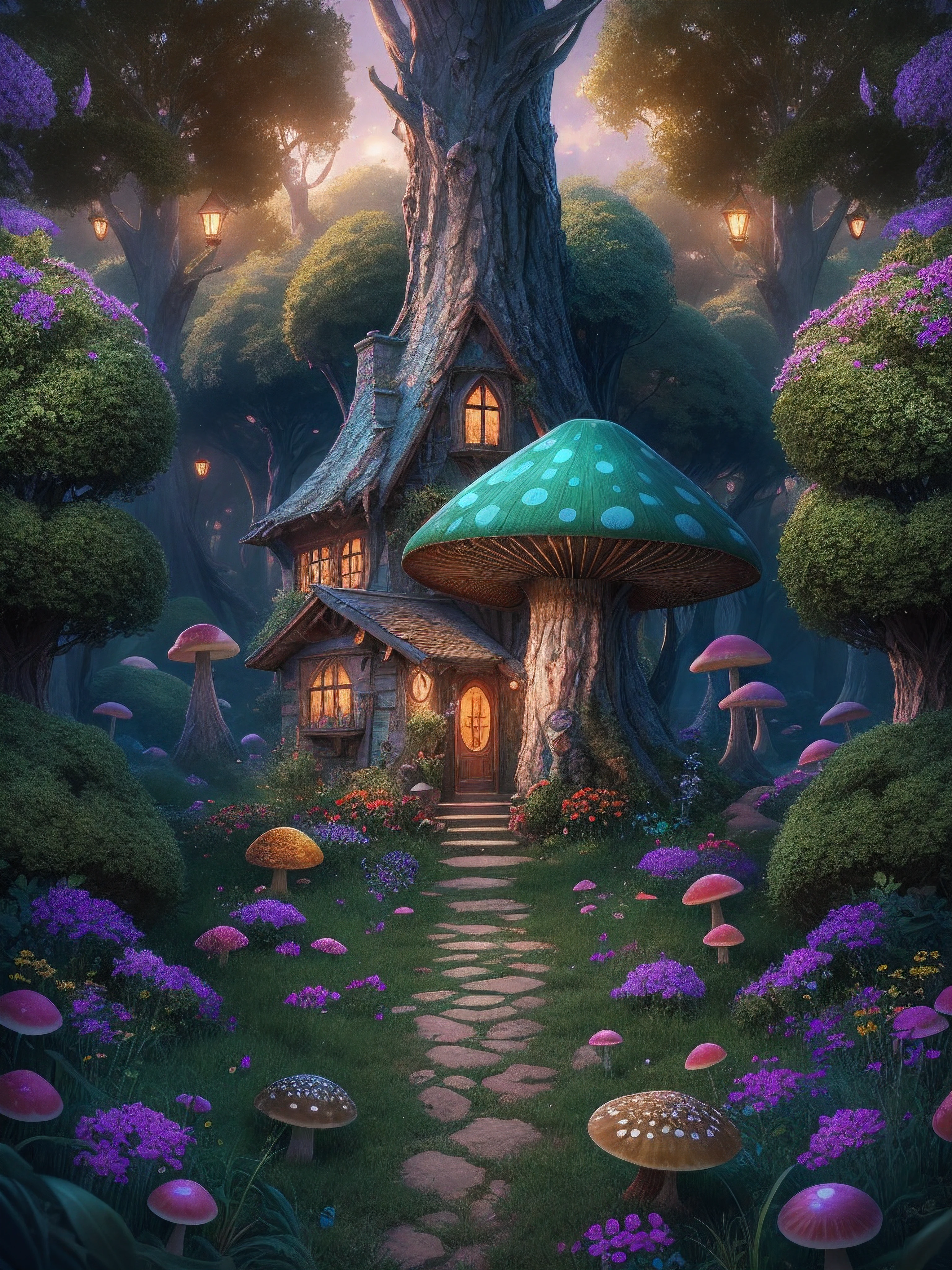 魔法森林的插图, 有高大的绿树, 中心有一个梦幻蘑菇，里面有色彩斑斓的小房子, 魔法, 居中, 对称, 绘, 错综复杂, 体积照明, 美丽的, 色彩浓烈浓郁的杰作, 清晰聚焦, 极其详细, 天文摄影. 构图非常细致, 8千, 完美构图., 超高清, 实际的, 鲜艳的颜色, 非常详细, 超高清绘图, 笔墨, 完美构图, 美丽的 detailed 错综复杂 insanely detailed octane render trending on artstation, 8k 艺术摄影, photo实际的 concept art, 柔和 自然 体积 电影 完美 光线