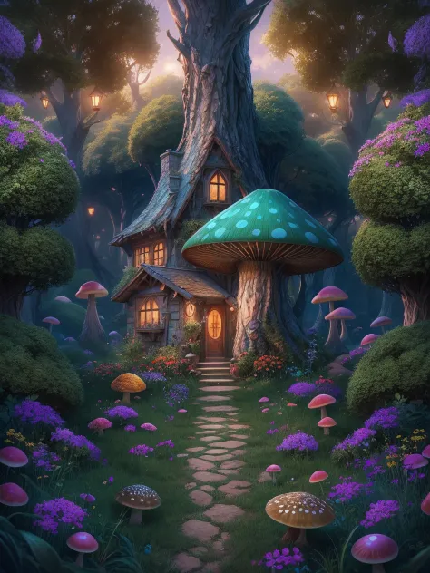 an illustration of the enchanted forest, with tall green trees, small colorful house in a fantasy mushroom in the center, magic,...