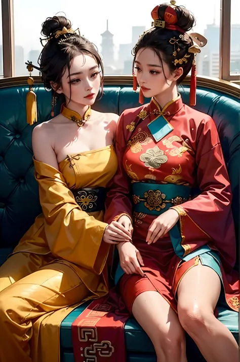 a couple of lesbians sitting together,leering:1.4,taoist,single hair bun,(an ancient chinese hairstick on her head:1.5),use maho...