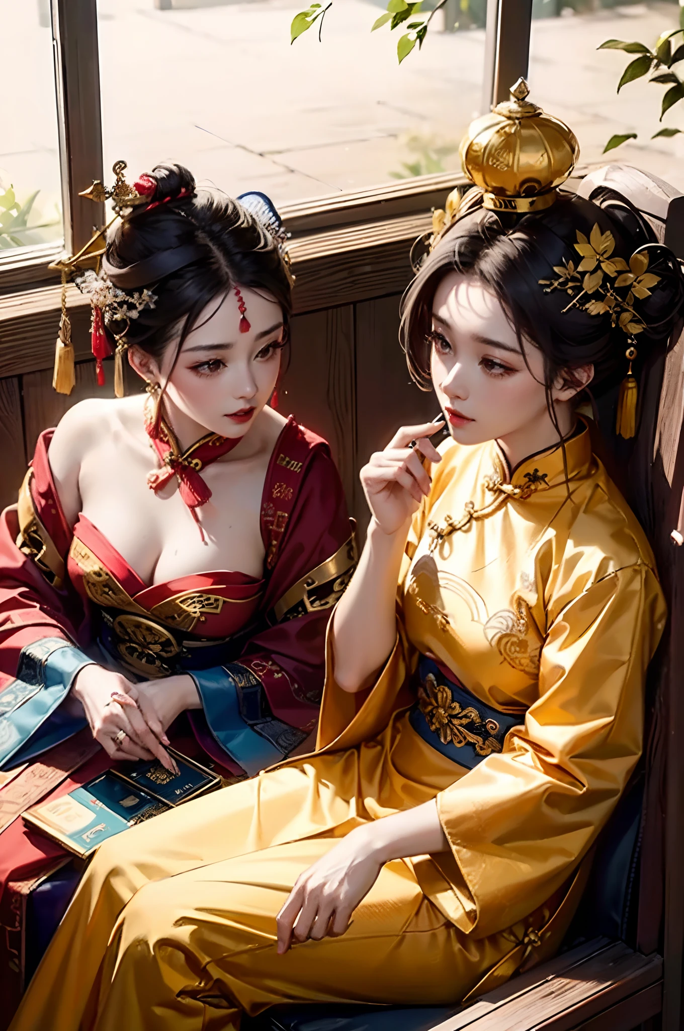 a couple of lesbians sitting together,leering:1.4,Taoist,single hair bun,(An ancient Chinese hairstick on her head:1.5),Use mahogany hairpins,(Revealing a translucent cheongsam),(Urzang-6500-V1.3,PureFace_V1,Octane rendering),Elegant Pose,xxmix girl woman,Perfect composition golden ratio, Masterpiece, Best quality, 4K, Sharp focus. better hands, Perfect anatomy.