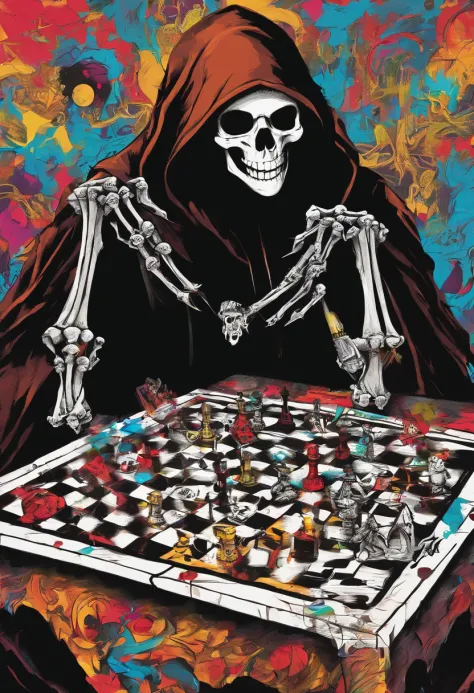 (Grim_Reaper in), (Skeleton_Monster), sits at a table, view the viewer, playing chess, Thinking, Confident demeanor, Masterpiece, Top quality, Best quality, High quality, Ultra-detailed, fire in the background, Vibrant colors, Solo, Extremely detailed