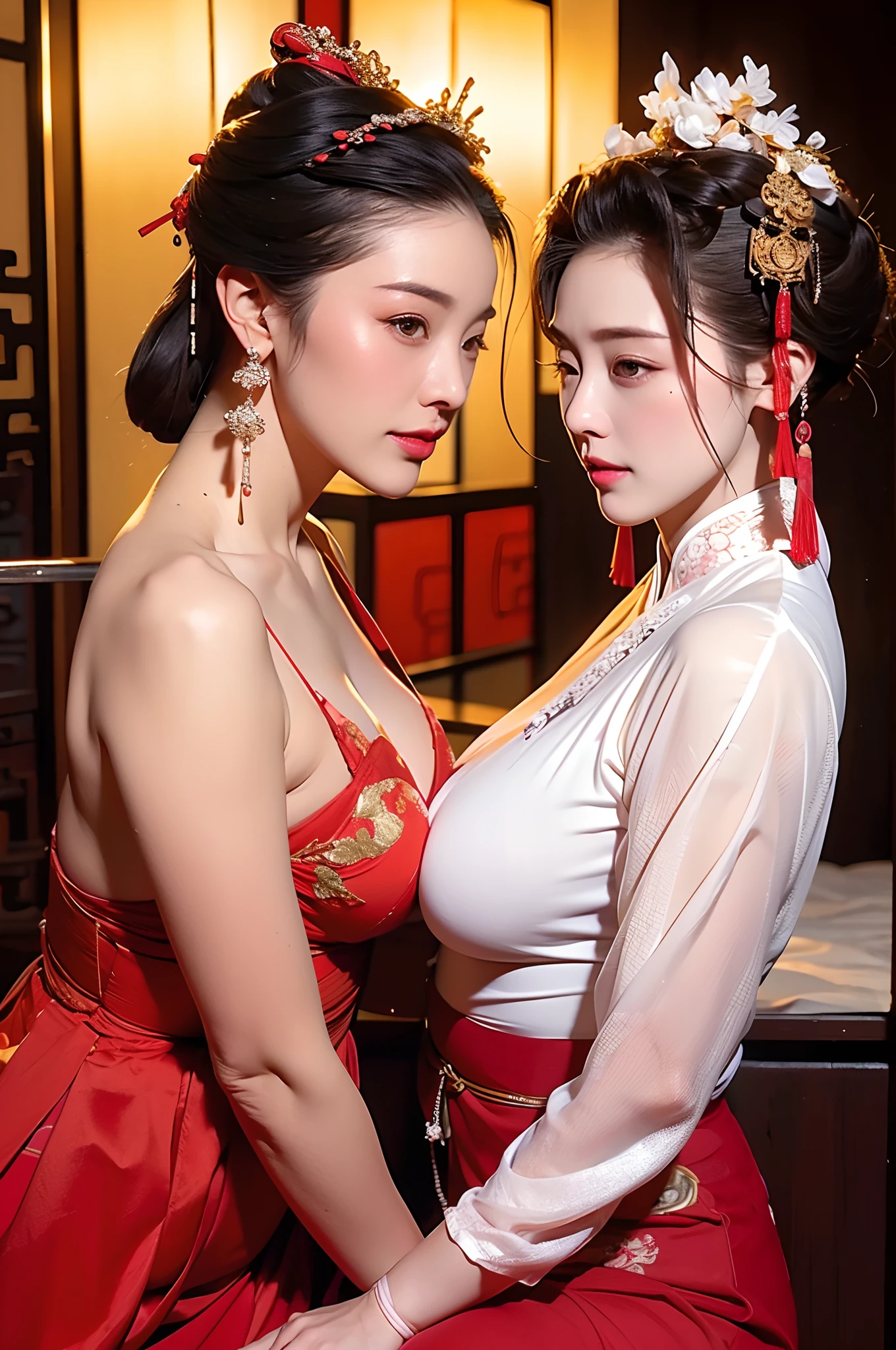 a couple of lesbians sitting together,leering:1.4,Taoist,single hairbun,(an ancient Chinese hairstick on her head:1.5),Use mahogany hairpins,(transparent clothes),leering:1.4,Reveals translucent lace panties,(ulzzang-6500-v1.3,pureeroface_v1,octane rendering),elegant pose,xxmix girl woman,perfect composition golden ratio, masterpiece, best quality, 4k, sharp focus. Better hand, perfect anatomy.