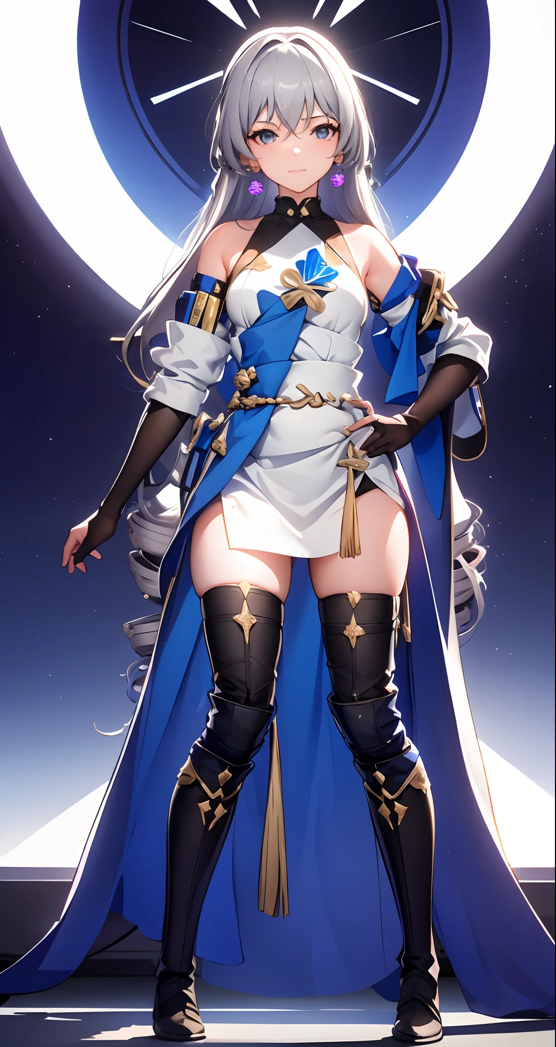 ph bronya, 1girl, 独奏, The upper part of the body，trinkets, 耳Nipple Ring, long whitr hair, whaite hair, By bangs, drill bit, cropped shoulders, Gray eye, Long boots, Stockings, Hair between the eyes, boots, gloves on the elbow, sleeveless, Black gloves, Double diamond,obi strip，Leggings，White dress，breastsout，smallunderboob，Black shoes，longer sleeves，（tmasterpiece：1.2，Need），（Delicate and beautiful eyes：1.2），（The background is meticulous，Dark fantasy），（beautiful  detailed face），hight contrast，（The best lighting，Extremely refined and beautiful），（（cinematric light）），plethora of colors，hyper-detailing，dramatic light，Complicated details，（Sharp facial hair between the eyes，dynamic angle），Black light swirling around the character，depth of fields，Black light particles，（brokenglasagic Array，