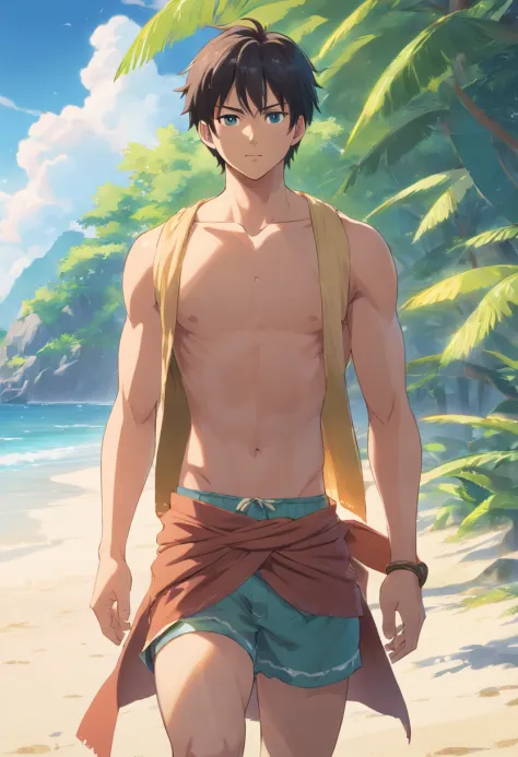 A close-up of a man in shorts and sandals, loincloth, wearing loincloth, loin cloth, Shirtless :: High detail, in clothes! Highly detailed, sarong, Roronoa Zoro, Eiichiro Oda style, SNK, from one piece, handsome guy in demon killer art, Semi-realistic, Hal...