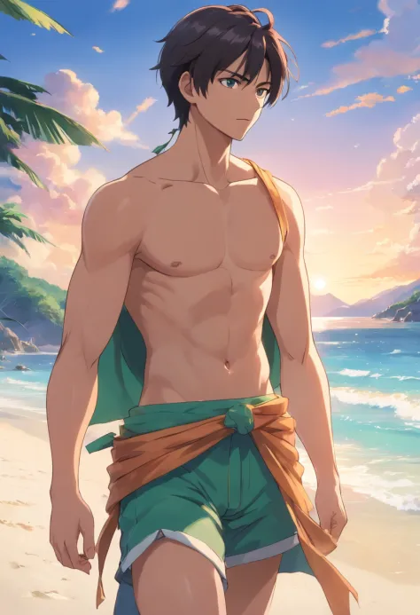 A close-up of a man in shorts and sandals, loincloth, wearing loincloth, loin cloth, Shirtless :: High detail, in clothes! Highly detailed, sarong, Roronoa Zoro, Eiichiro Oda style, SNK, from one piece, handsome guy in demon killer art, Semi-realistic, Hal...