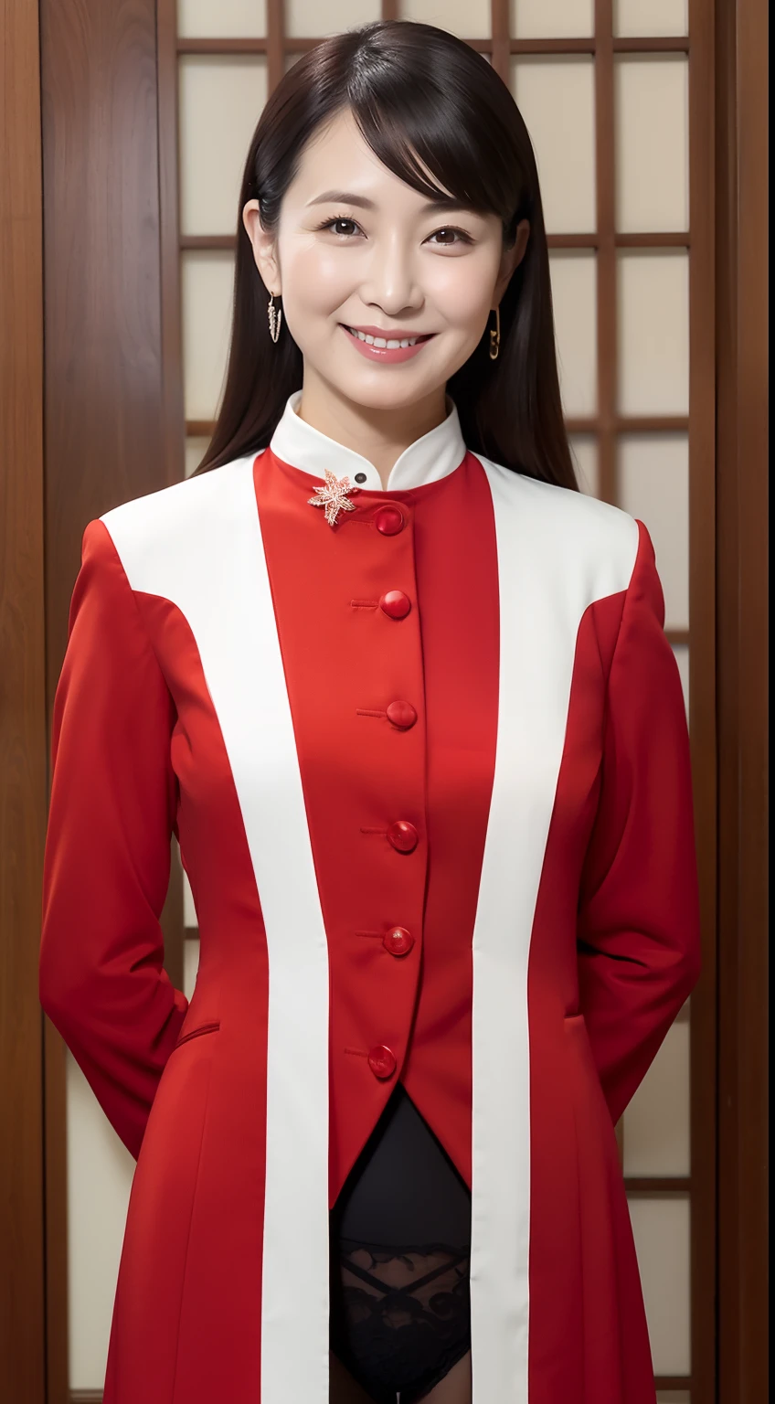 Masterpiece,Best quality, (maam. clerk:1), ((Portrait:1.3)), Cross arms， Smile，Red professional attire，Long legs，skin hyper-detail，Clear pores，in a panoramic view，Cocked buttocks，black lence stockings，Beautiful young Japanese woman over 40 years old,  Perfect face, Fantastic look,  (Detailed facial features),  Clean and nice face