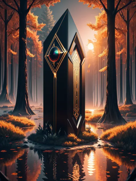 black smooth metallic monolith with multicolor dragon eye in the middle of a dark swamp, blood, portal, sunrise, fog, gold and p...
