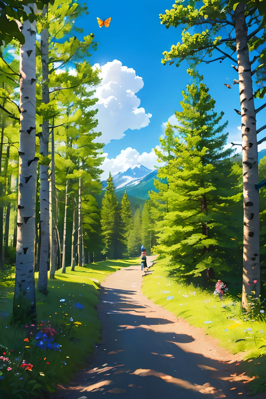 Mountain path, fir trees, birch trees, children playing, flowers, butterflies, flying birds, landscape, birds chirping, sunlight filtering through the trees, soft breeze, lush green foliage, sparkling water reflections, vibrant wildflowers, joyful laughter, carefree children's expressions, dynamic brushstrokes, mountain, harmonious composition.