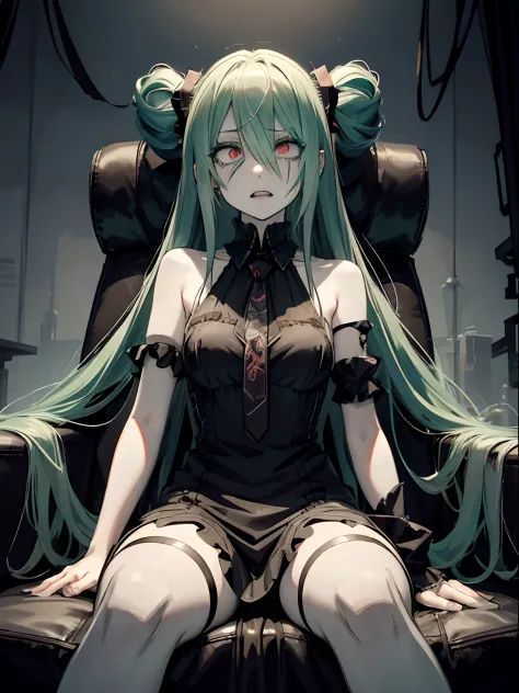 Ahegao、miku hatsune、Green hair、sitting in a throne、Black Dress、Very fellow humanoid characters, red eyes, She's crazy, nutty, horor, is scared, is scared, Shock value, Very diabolical, evocation, terrorism, terrorism, terrorism, rot, feeling of disgust, Sh...