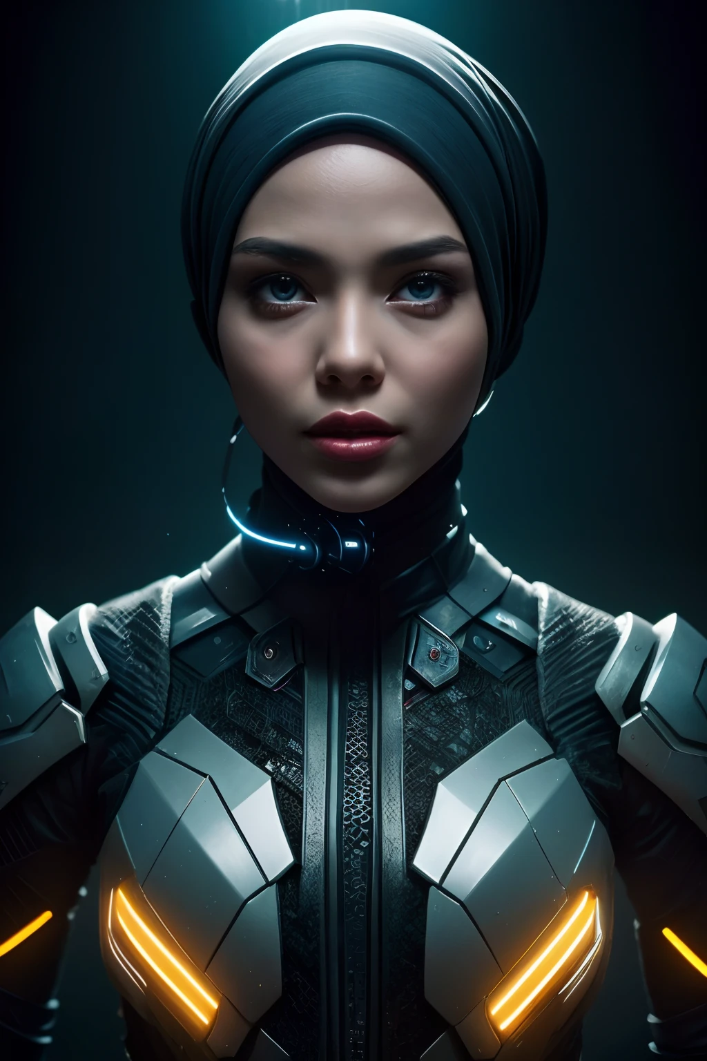 cyber punk malay Girl in hijab,(de primera calidad、8k、32k、​obra maestra)、(La ultra -La alta definición)、(Fotorrealista:1.4), pose dinámica, tiro de vaquero, Moda Ciberpunk,profundidad de campos, fondo de la ciudad ciberpunk, iluminación cinematográfica.