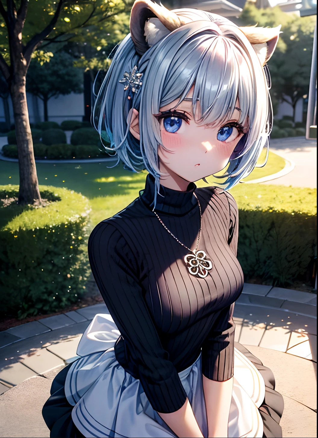 absurderes, Ultra-detail,bright colour, extremely beautiful detailed anime face and eyes, (solo:1.6), (medium breasts⁩:1.2),(Thin knitwear:1.3),(Park at dusk:1.3)、(Surprise and embarrassment:1.3)、(short hair asymmetrical bangs short twin tail blonde hair shiny hair), Delicate beautiful face, red blush,(Deep Blue Eyes:1.3 ) White skin, hair clips,1 necklace,