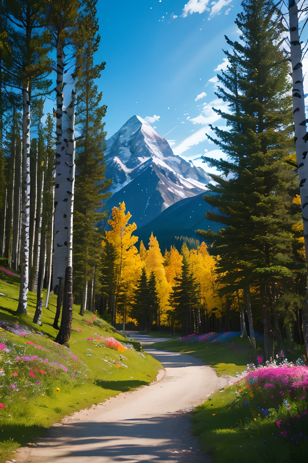 (a best quality,highres),mountain path, scenic fir trees, beautiful birch trees, happy children playing, colorful flowers, graceful butterflies, lively flying birds, soft natural lighting, vibrant colors