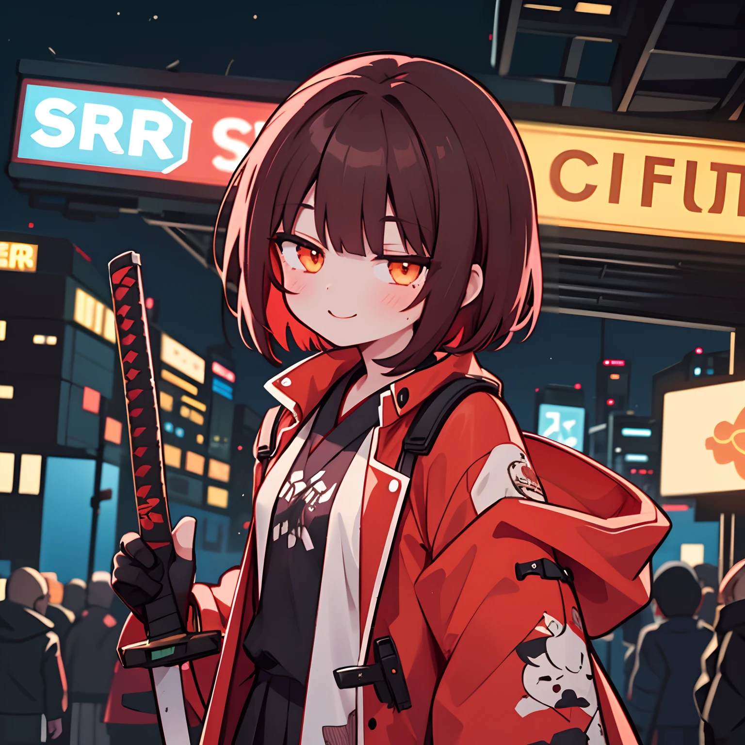 1girl, teen cute, solo, teen, (dark brown hair), (colored inner hair, red hair), very short hair, assymmetrical sidelocks, orange eyes, calm behaviour, smile, small breasts, open coat, red coat, big coat, coat with maple pattern, black kimono t-shirt under coat,  y-shirt under kimono t-shirt, black gloves with holes, katana in hand, night city, cyberpunk, colorful, beautiful, ((neon lights)), masterpiece, best quality, 4k, looking at viewer
