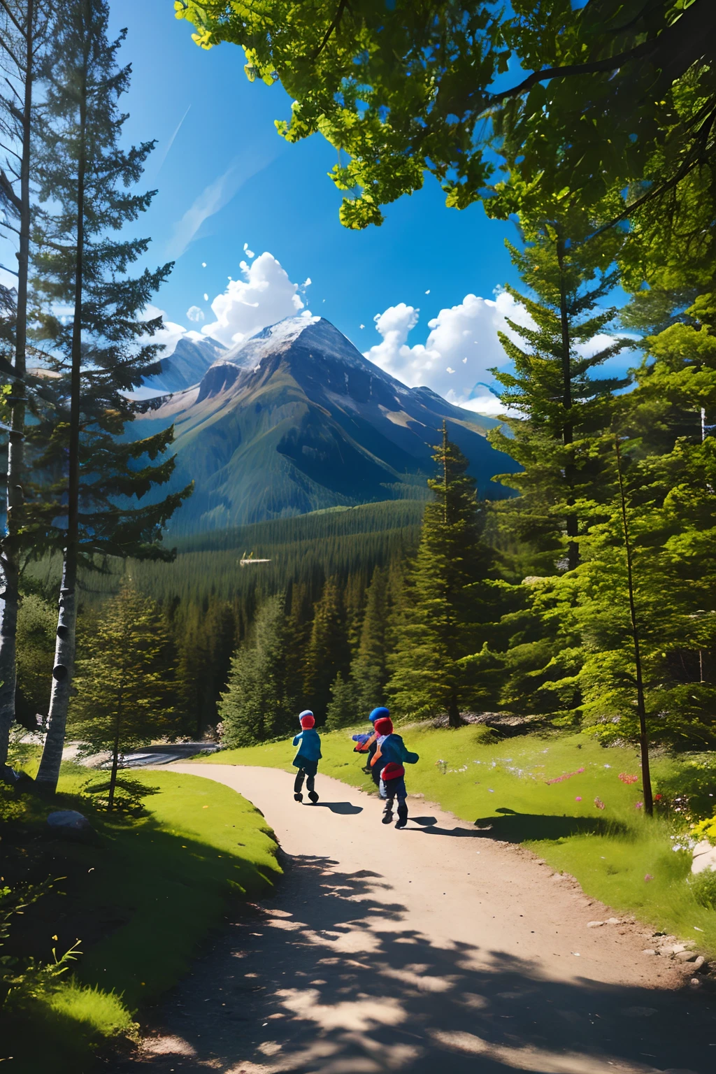 (une meilleure qualité,haute résolution),chemin de montagne, sapins pittoresques, beaux bouleaux, enfants heureux qui jouent, Fleurs colorées, papillons gracieux, oiseaux volants animés, éclairage naturel doux, couleurs vives