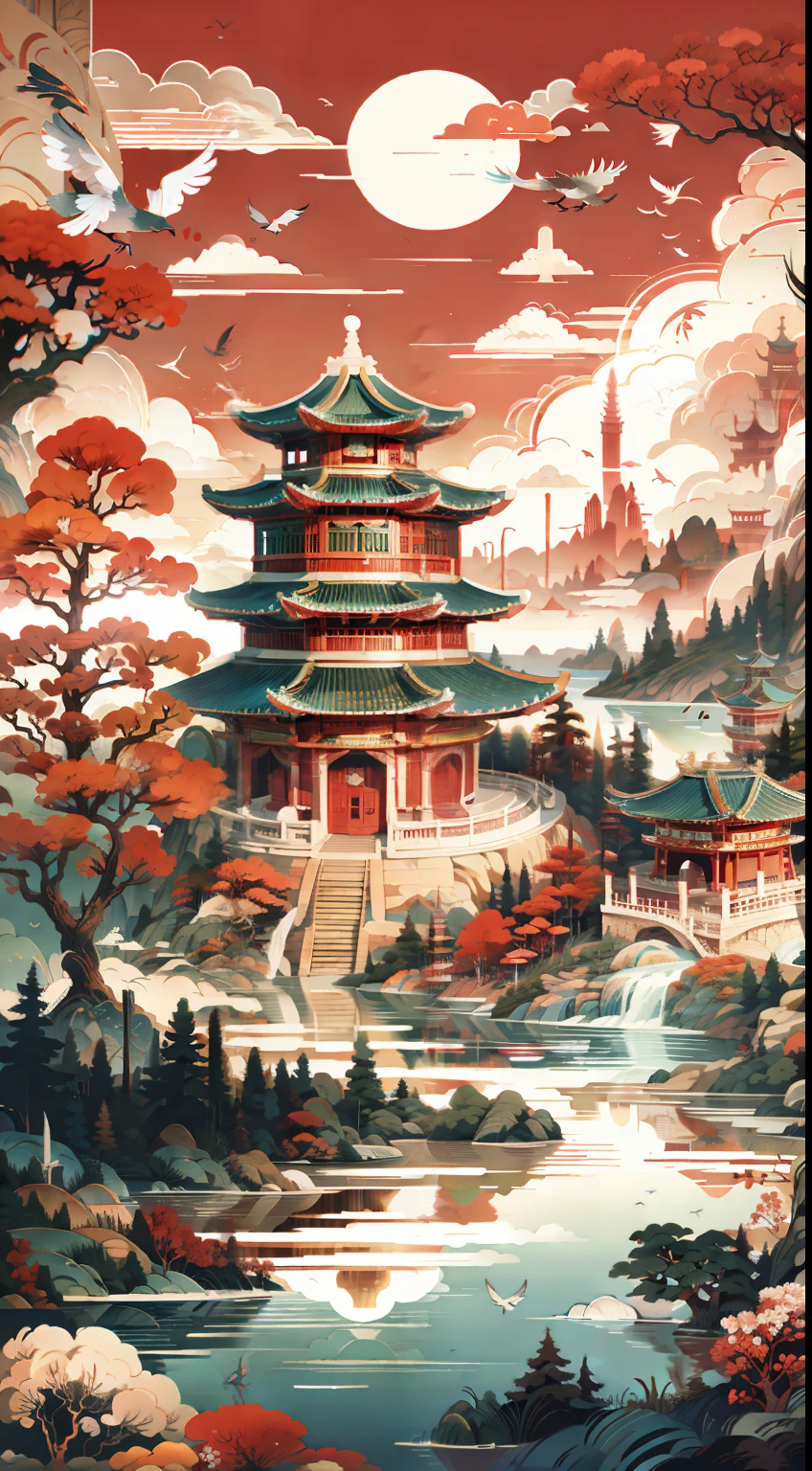 沒有人類, 亚洲树,風景,建築學, 幻想弧线,鳥, 火神,雲,戶外,太陽,湖,天空,自然, 雨神庙