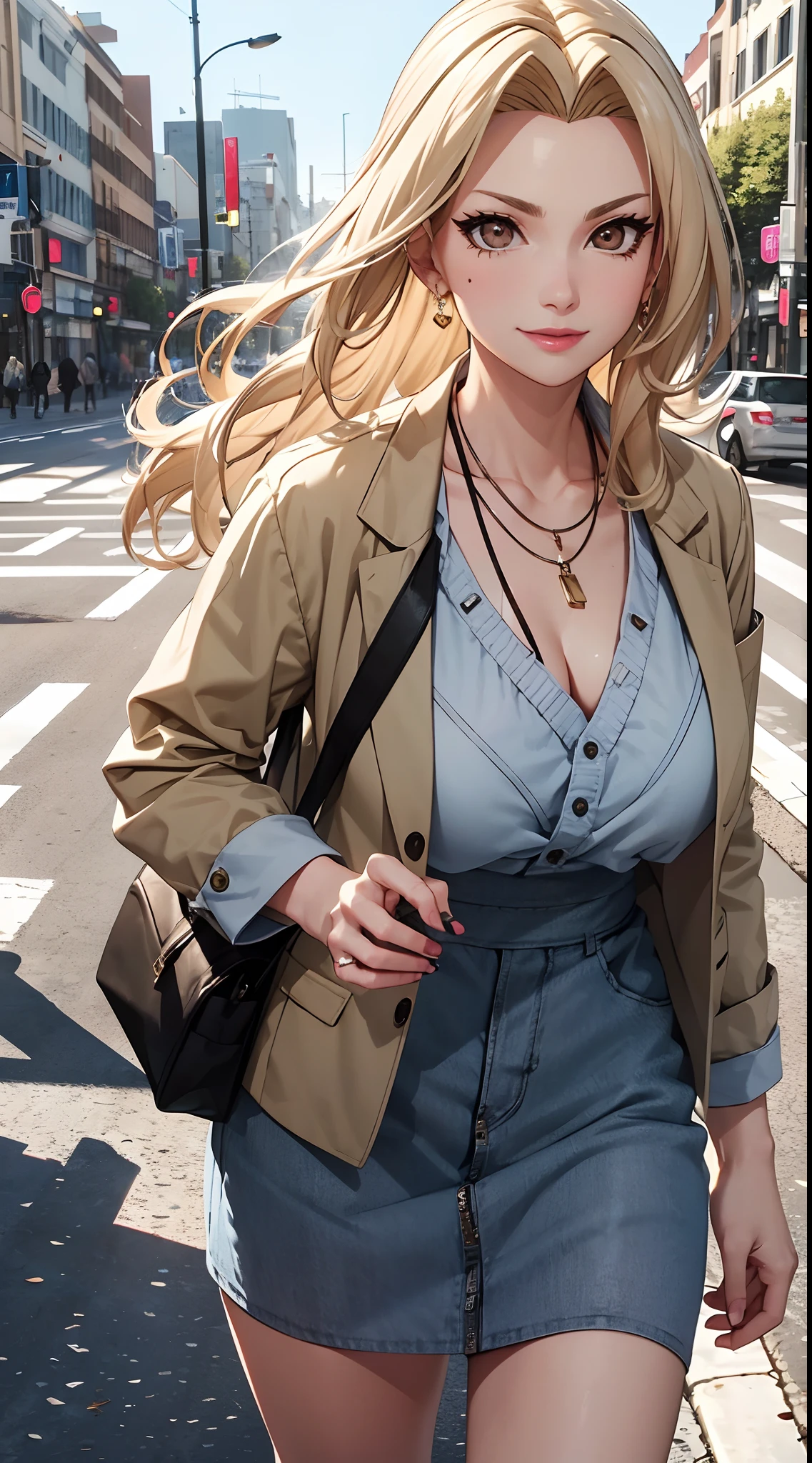 Good anatomy, Masterpiece, Best quality, 4K, 8K, Professional photography, Soft light, Sharp focus, street corner, Road，traffic light，Signage，1 girl, Leaning on the street sign, eventide，Hands-on shopping bags，falling leaf，Blonde hair，French twist braid，a white long skirt , stocklings，high-heels，beckon，Blonde hair, Bank spin-offs, Detailed face+Brown eyes, is playing happily，Laughing heartily, Beauty mole，lipstick, necklace，