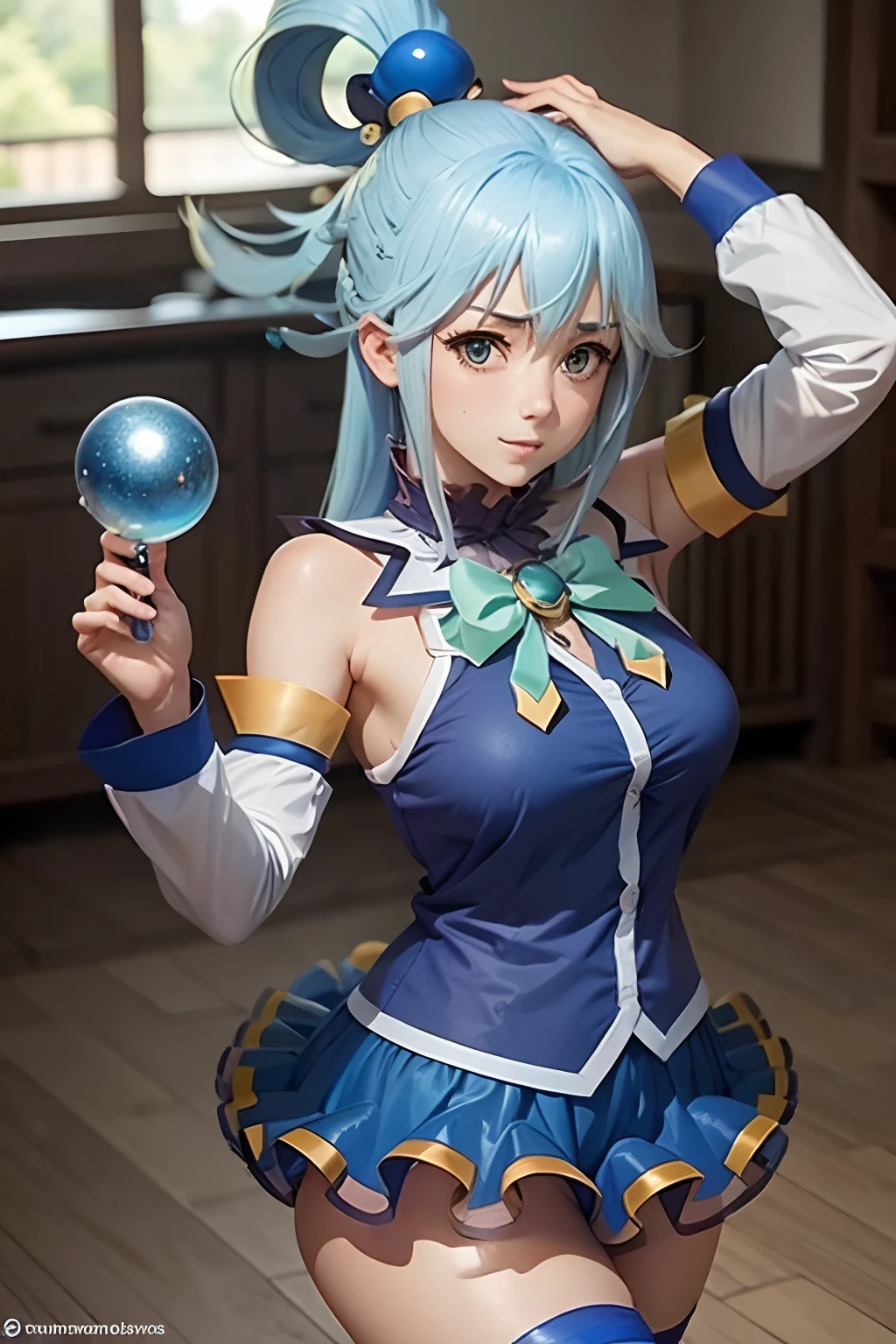 Konosuba, Senhora Aqua, azul, saia, arco verde, azul shirt, mangas destacadas, Ombros nus, Anéis de cabelo,