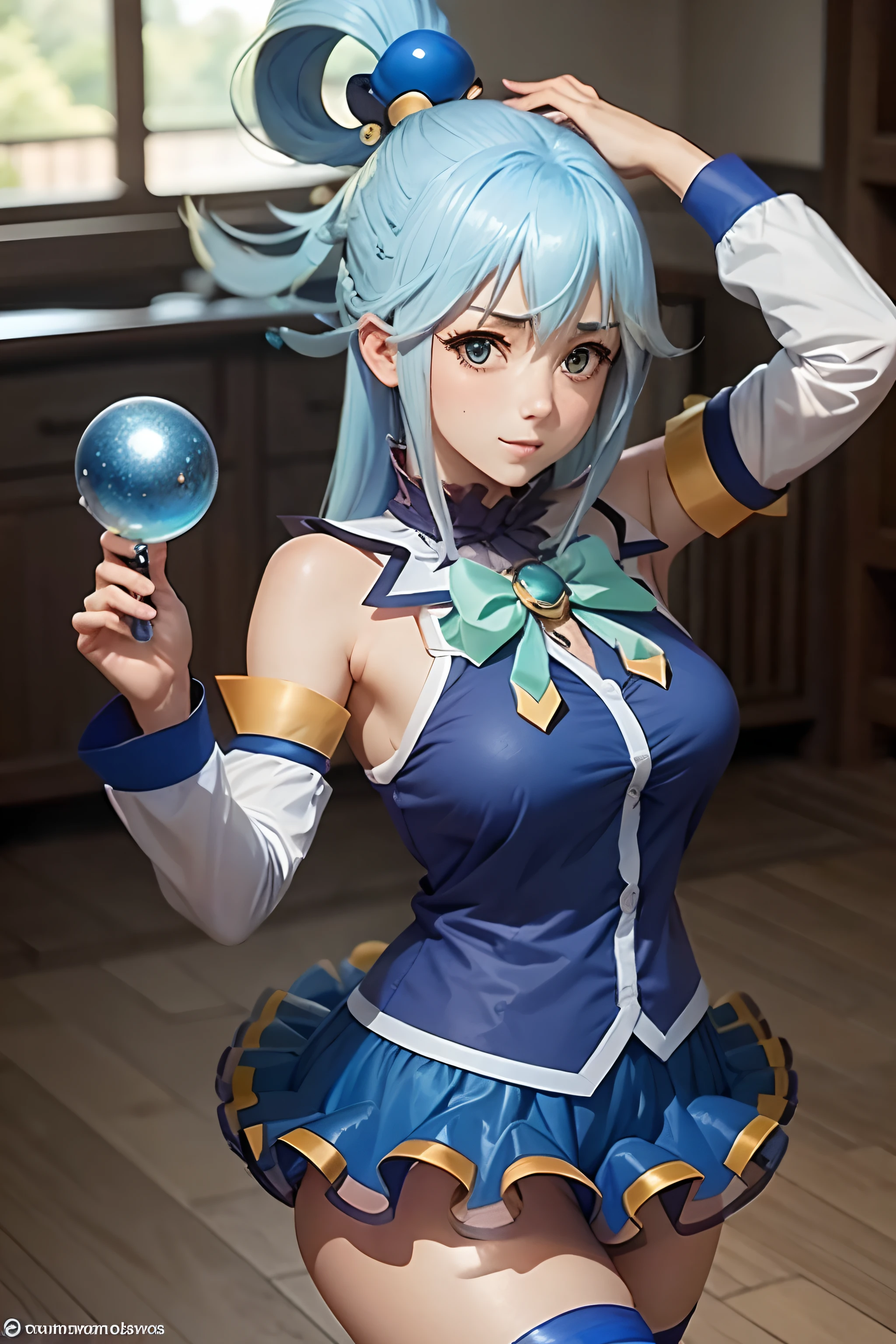 konosuba, lady aqua, blue, skirt, green bow, blue shirt, detached sleeves, bare shoulders, hair rings,