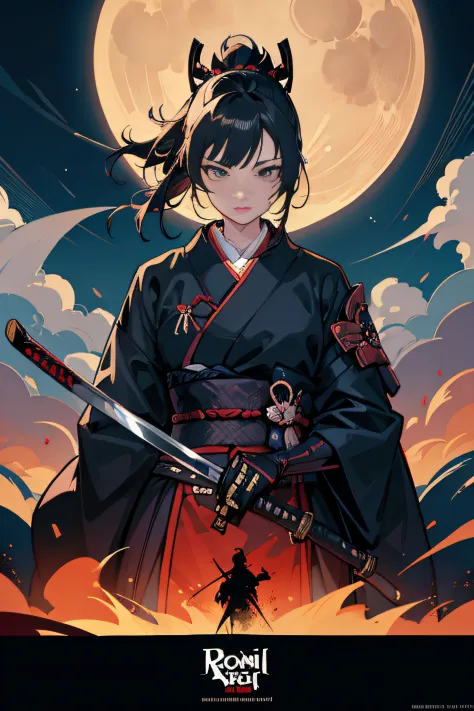 (Masterpiece, Best Quality), 8k Wallpaper, highly detailed, sexy female ronin, samurai, katana, japan, night, moonlight, vector ...