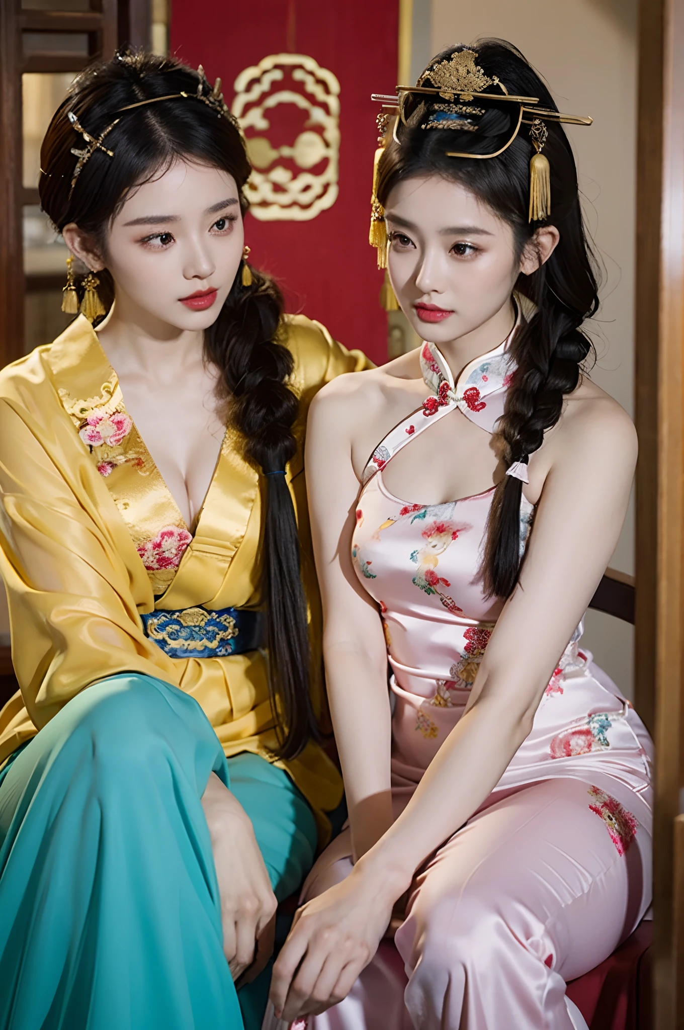 a couple of lesbians sitting together,Taoist,single hairbun,(an ancient Chinese hairstick on her head:1.5),Use mahogany hairpins,(reveals transparent clothing),leering:1.4,Reveals translucent lace panties,(ulzzang-6500-v1.3,pureeroface_v1,octane rendering),elegant pose,xxmix girl woman,perfect composition golden ratio, masterpiece, best quality, 4k, sharp focus. Better hand, perfect anatomy.