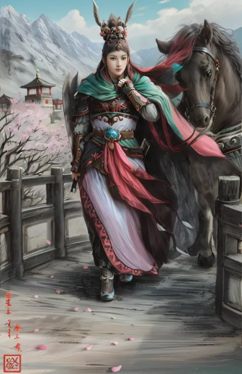 (Unreal Engine 5),Realistic rendering,  (Hanfu cape), （Vermilion Covered Bridge），A woman from the Three Kingdoms led her horse a...