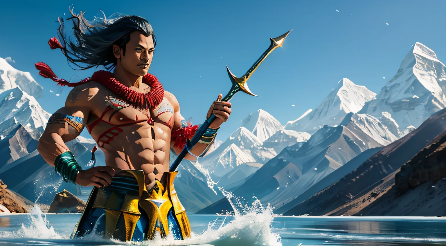 crea una versión única de Aquaman de Nepal - Aqua-Himalayan Yak Horn:
El Aquaman nepalí usa un cuerno de yak del Himalaya con poderes de manipulación del agua. Su disfraz incorpora elementos de la cultura nepalí y la vestimenta tradicional. Él defiende los ríos sagrados y los lagos de montaña de Nepal.