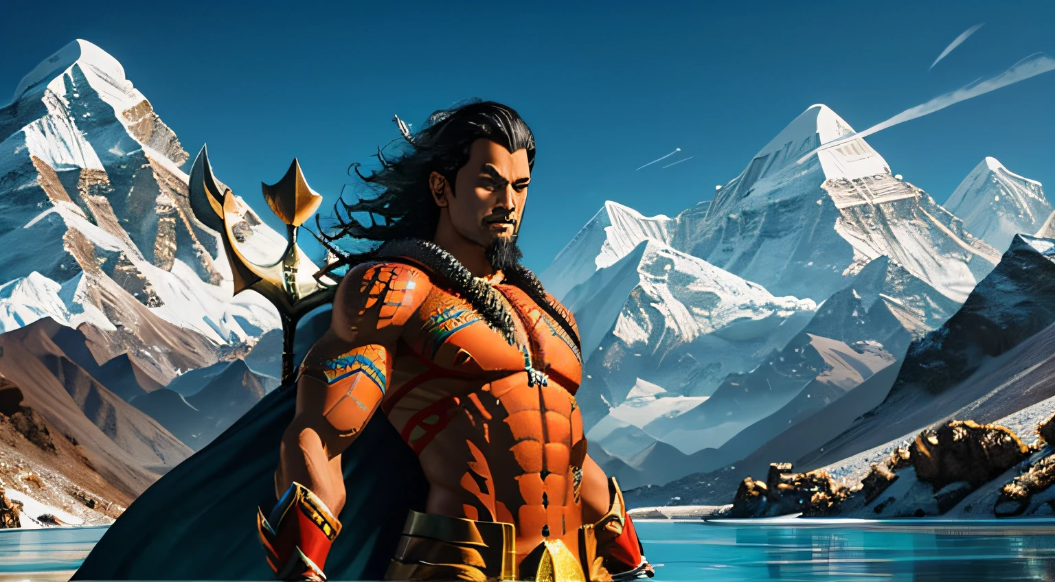 crie uma versão única do Aquaman do Nepal - Aqua-Himalayan Yak Horn:
Aquaman nepalês usa um chifre de iaque do Himalaia com poderes de manipulação da água. Seu traje incorpora elementos da cultura nepalesa e roupas tradicionais. Ele defende os rios sagrados e os lagos montanhosos do Nepal.