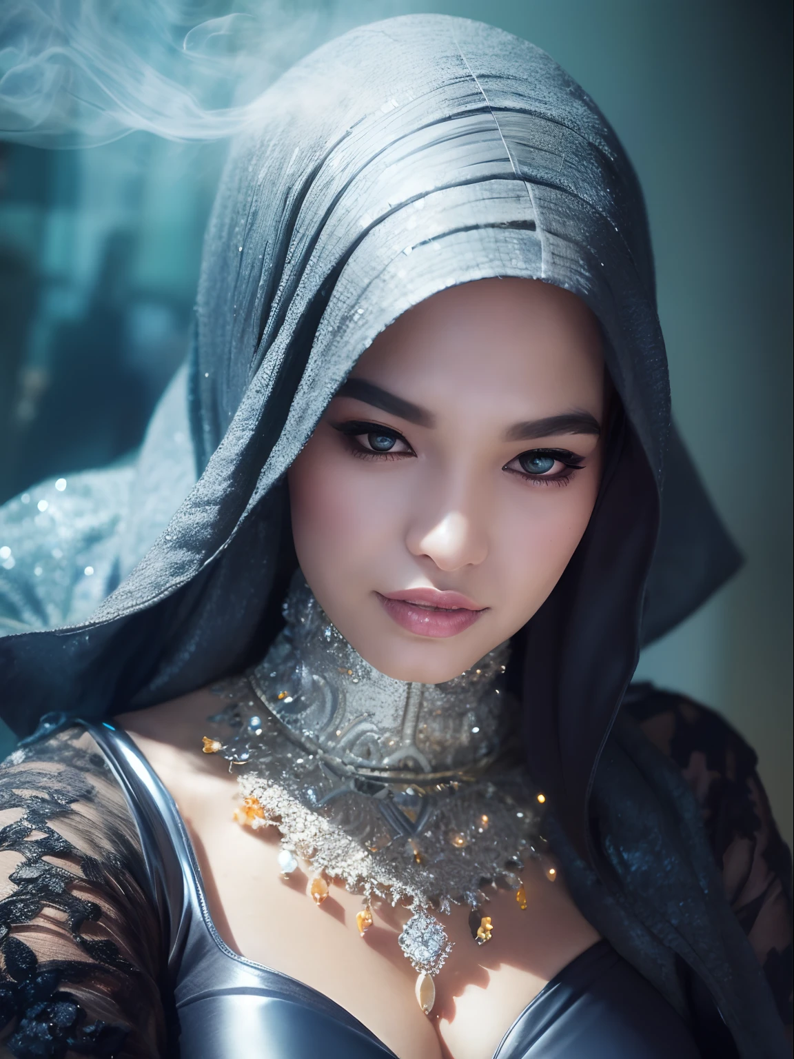 Full body portrait, beautiful fantasy Catwoman in hijab, shiny metallic jeweled depth, glowing smoke neon eyes, hoarfrost metal lace, fantasy, sunlight, sunbeam, intricate detail. 8k, dreamlike, surrealism, super cute, symmetrical, soft lighting, trending on artstation, intricate details, highly detailed, unreal engine, by ross tran, wlop, artgerm and james jean, Brian Froud, art illustration by Miho Hirano, Neimy Kanani, oil on canvas by Aykut Aydoğdu, oil painting, heavy strokes, paint dripping