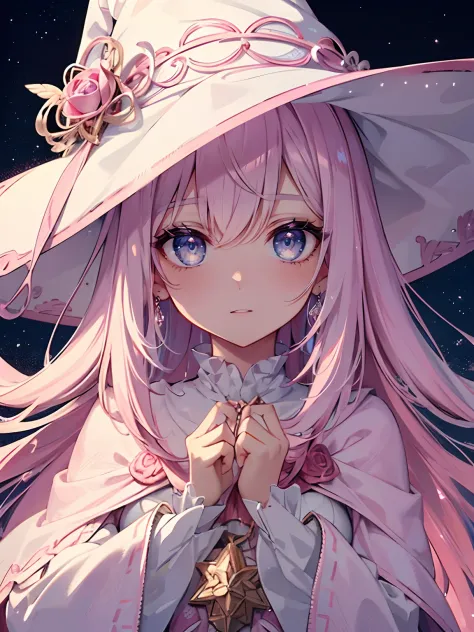 (masterpiece,best quality,ultra-detailed),1girl,white and pink hair,beautiful and detailed face, detailed eyes,pink witch hat,pi...