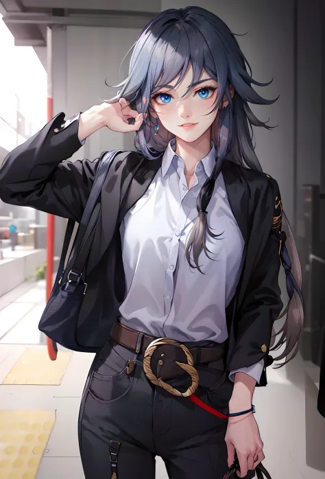 fu hua(rustic noir), (grey hair, long hair:1.7), jacket, pants, belt, shirt, black_jacket, bag, dress_shirt, white_shirt, long_s...