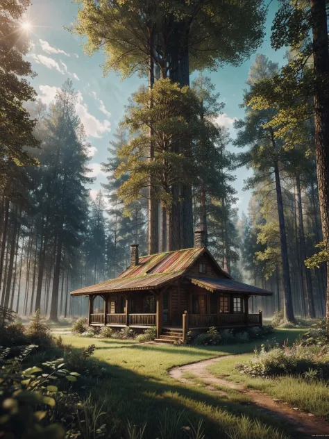 an illustration of the enchanted forest, with tall green trees, small colorful house in a fantasy mushroom in the center, magic, centered, symmetry, painted, intricate, volumetric lighting, beautiful, rich deep colors masterpiece, sharp focus, ultra detail...
