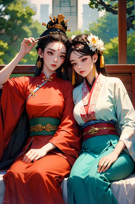 a couple of lesbians sitting together,leering:1.4,taoist,single hair bun,(an ancient chinese hairstick on her head:1.5),use maho...