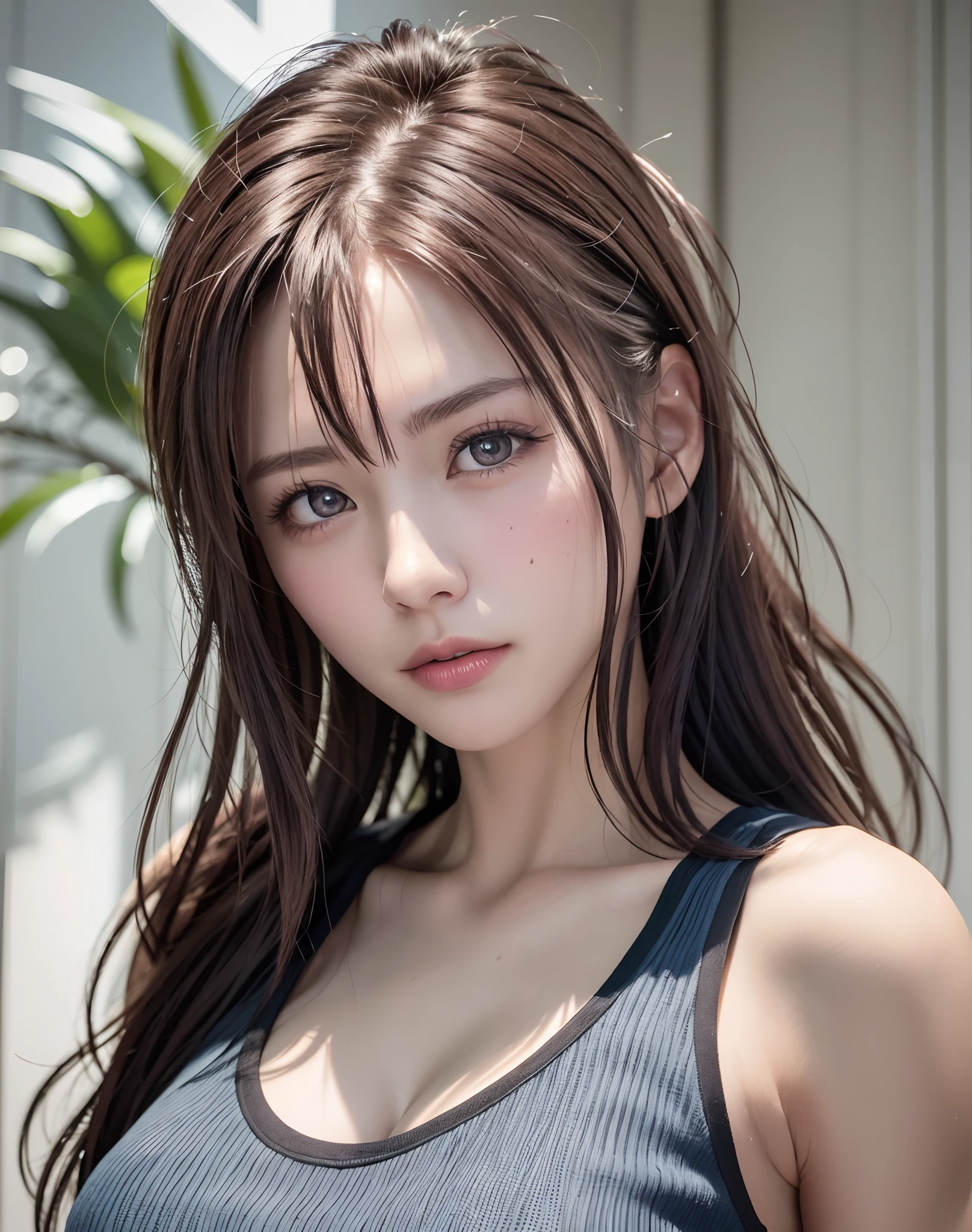 high quality picture, masutepiece, detailed hair texture, Detailed skin texture, Detailed Cloth Texture, 8K, Add fabric details, ultra detailed skin texture, ultra detailed photographic, Skin pores, Portrait of a girl, wearing tank top,