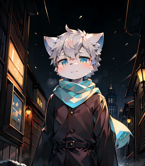Highest image quality，A masterpiece，Delicate hands，finely-detailed eyes，Normal eyes，Gray cat ears，Furry，Gray hair，adolable，Handsome，（（White scarf）），Cat style，Shota，cyber punk perssonage, Blue pupil, city night scene, Gray hair, By bangs，Dappled light and s...