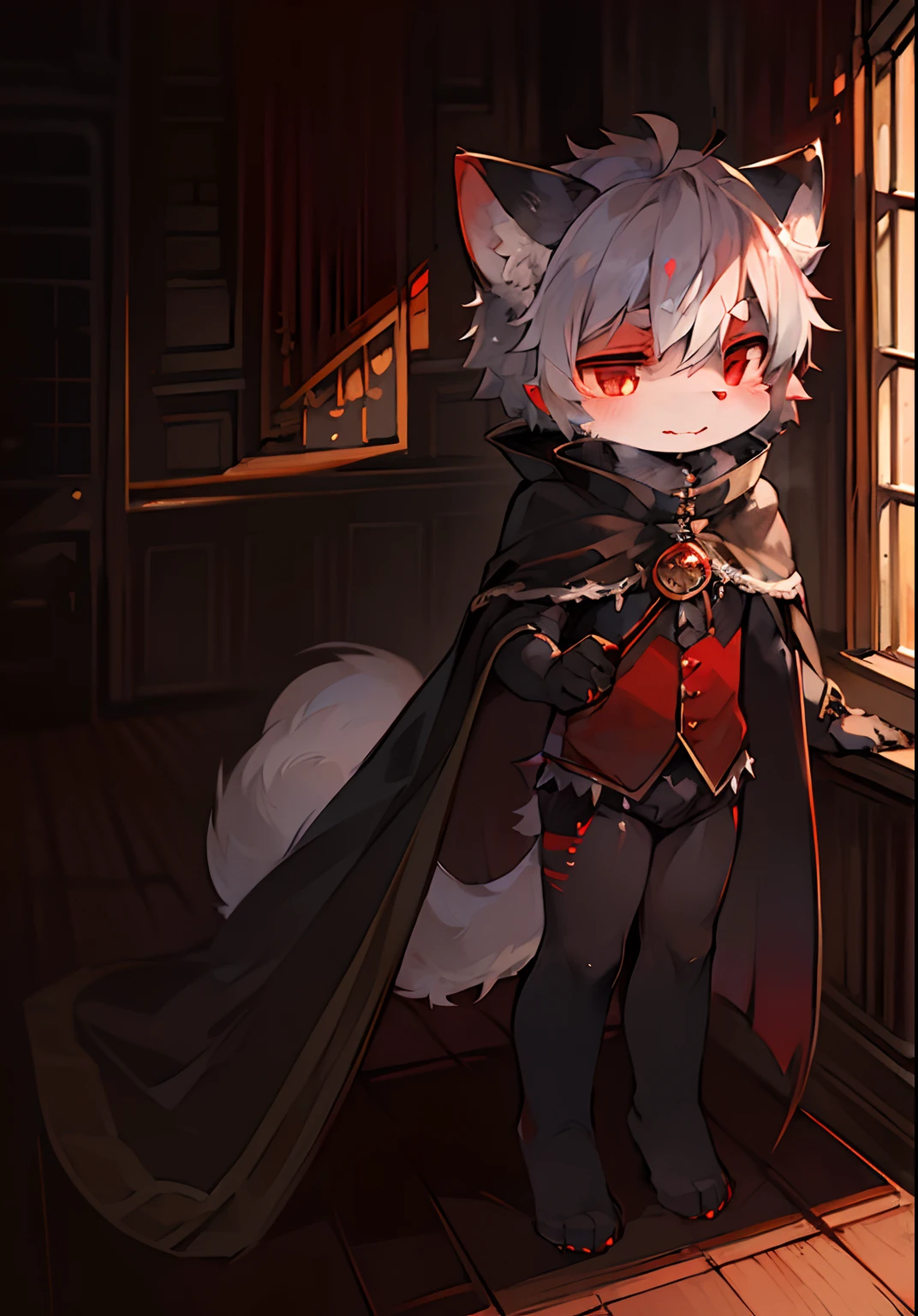 (dark environment:0.8),masterpiece, high quality, absurd res, digital painting \(artwork\), by dagasi, yupa,kiyosan,(anthro,fluffy fur,character focus:1.1),anthro male cat,short hair,portrait, bright eyes,panorama,character focus.(detailed background:0.7),solo,furry,furry male ,male focus,anthr,(Full body fur, fluffy tail, white fur,red eyes,gray hair:1.2),(long canines,vampire, cape:1.2),(interior,night, castle, coffin:1.1) red eyes, holding black scythe,black cape, black silky hair, glowy aura, sleepy eyes, star pendant