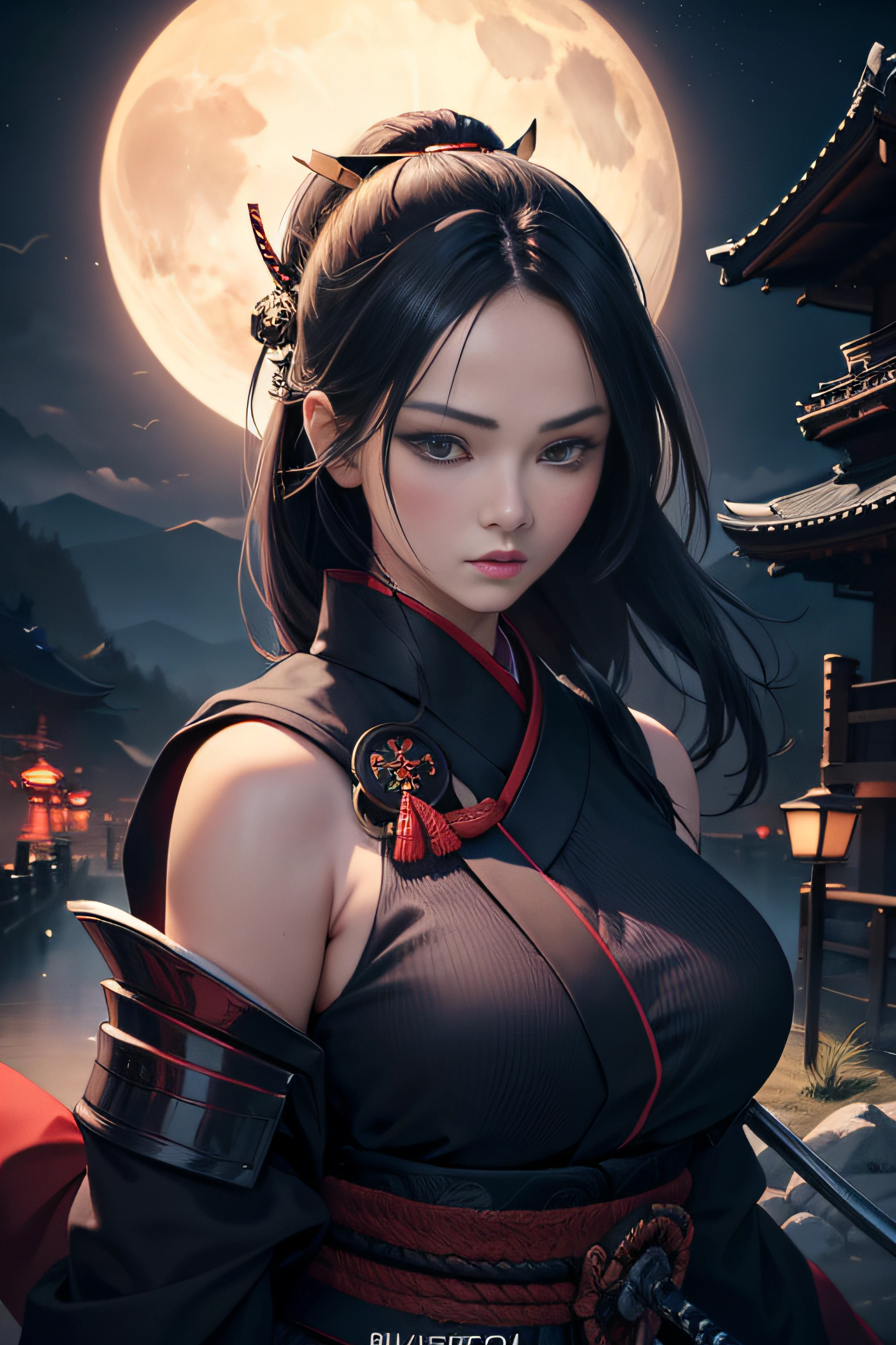 (Meisterwerk, beste Qualität), 8k Hintergrundbild, sehr detailliert, Sexy weibliche Ronin, Samurai, Katana, Japan, Nacht, Mondlicht, Kunst im Vektorstil, erotisch, Filmplakat-Stil, Beschriftung.