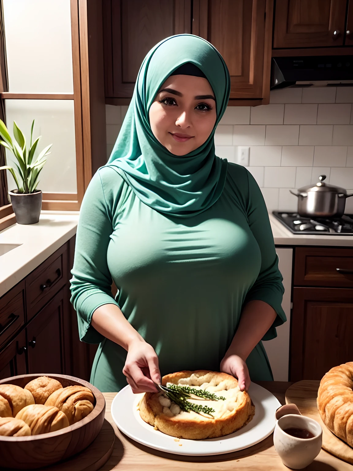 Woman in green hijab preparing a meal in a kitchen - SeaArt AI