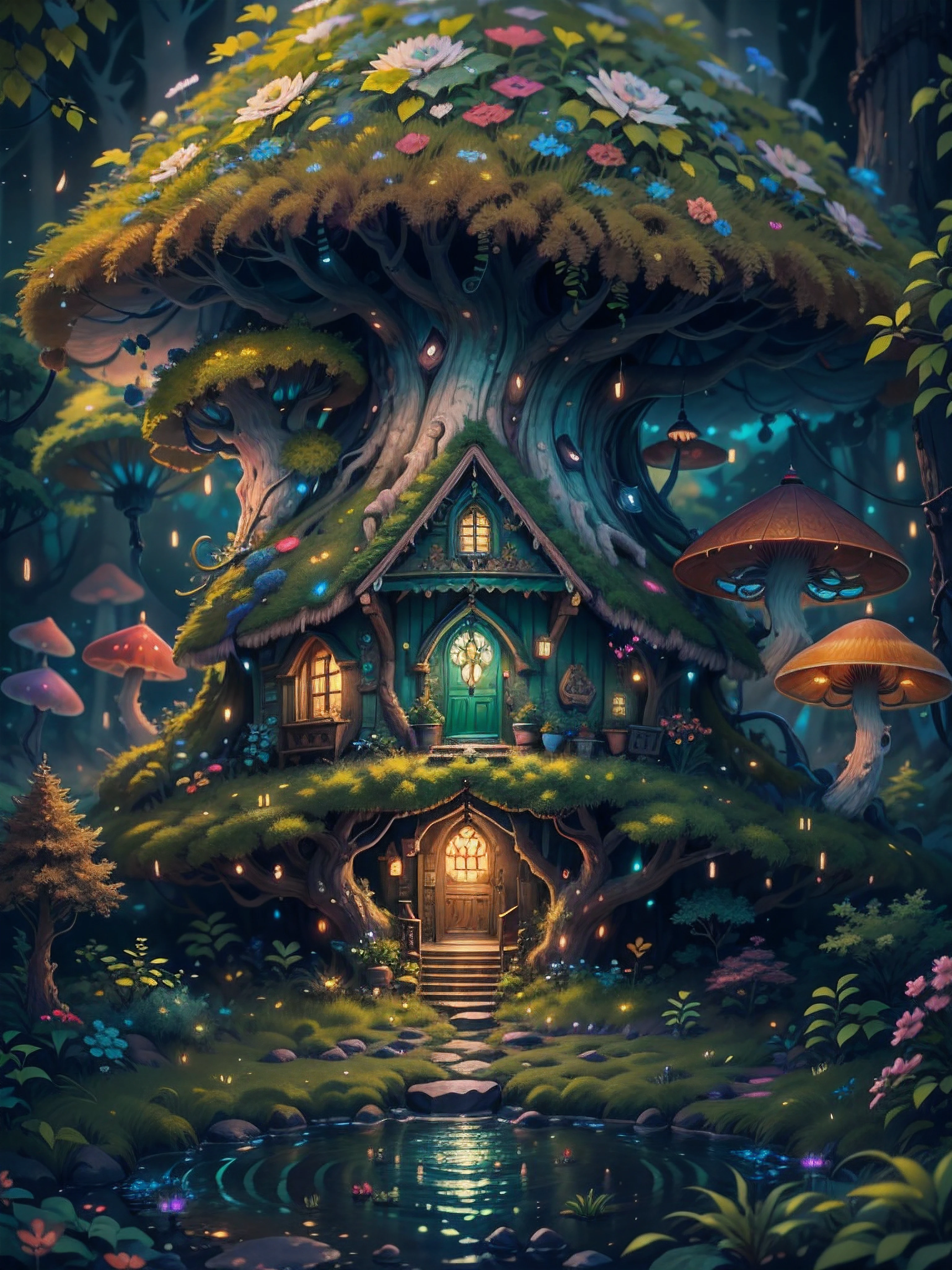 an illustration of the enchanted forest, with tall green trees, small colorful house in a fantasy mushroom in the center, magic, centered, symmetry, painted, intricate, volumetric lighting, beautiful, rich deep colors masterpiece, sharp focus, ultra detailed, astrophotography. The composition is very detailed, 8K, perfect composition., ultra hd, realistic, vivid colors, highly detailed, UHD drawing, pen and ink, perfect composition, beautiful detailed intricate insanely detailed octane render trending on artstation, 8k artistic photography, photorealistic concept art, soft natural volumetric cinematic perfect light