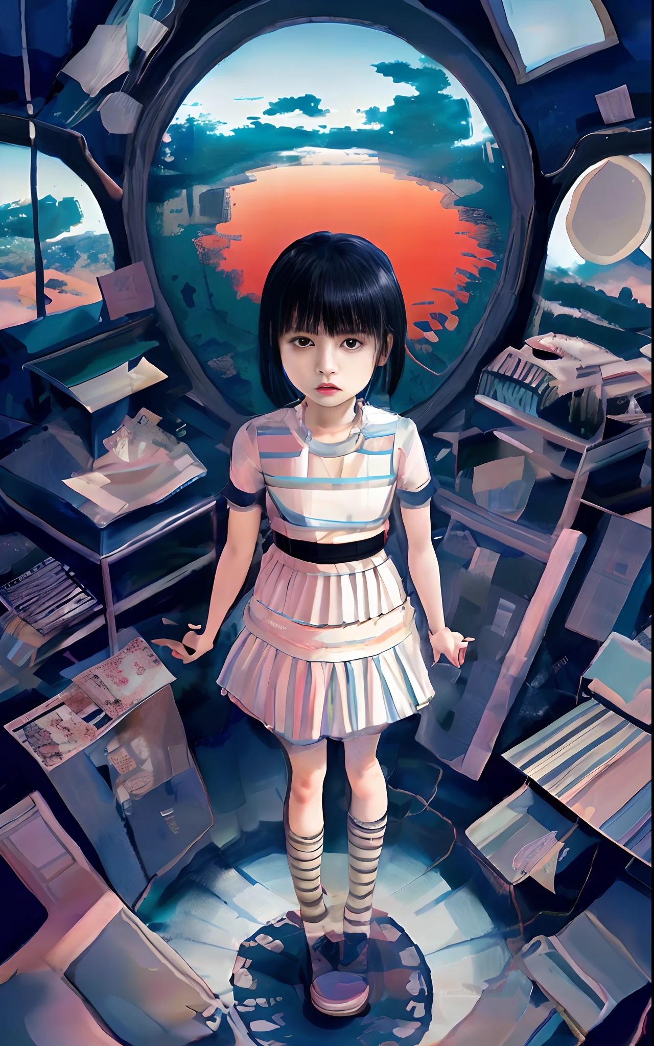 Painting of a little girl standing in a room with a mirror, junji ito 4 k, inspired by Josan Gonzalez, pop japonisme 3 d ultra detailed, by Jason Teraoka, josan gonzales, makoto shinkai cyril rolando, In the style of Katsuhiro Otomo, shintaro kago, satoshi kon artstyle