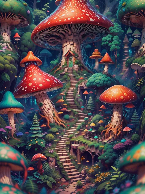 an illustration of the enchanted forest, with tall green trees, small colorful house in a fantasy mushroom in the center, magic,...