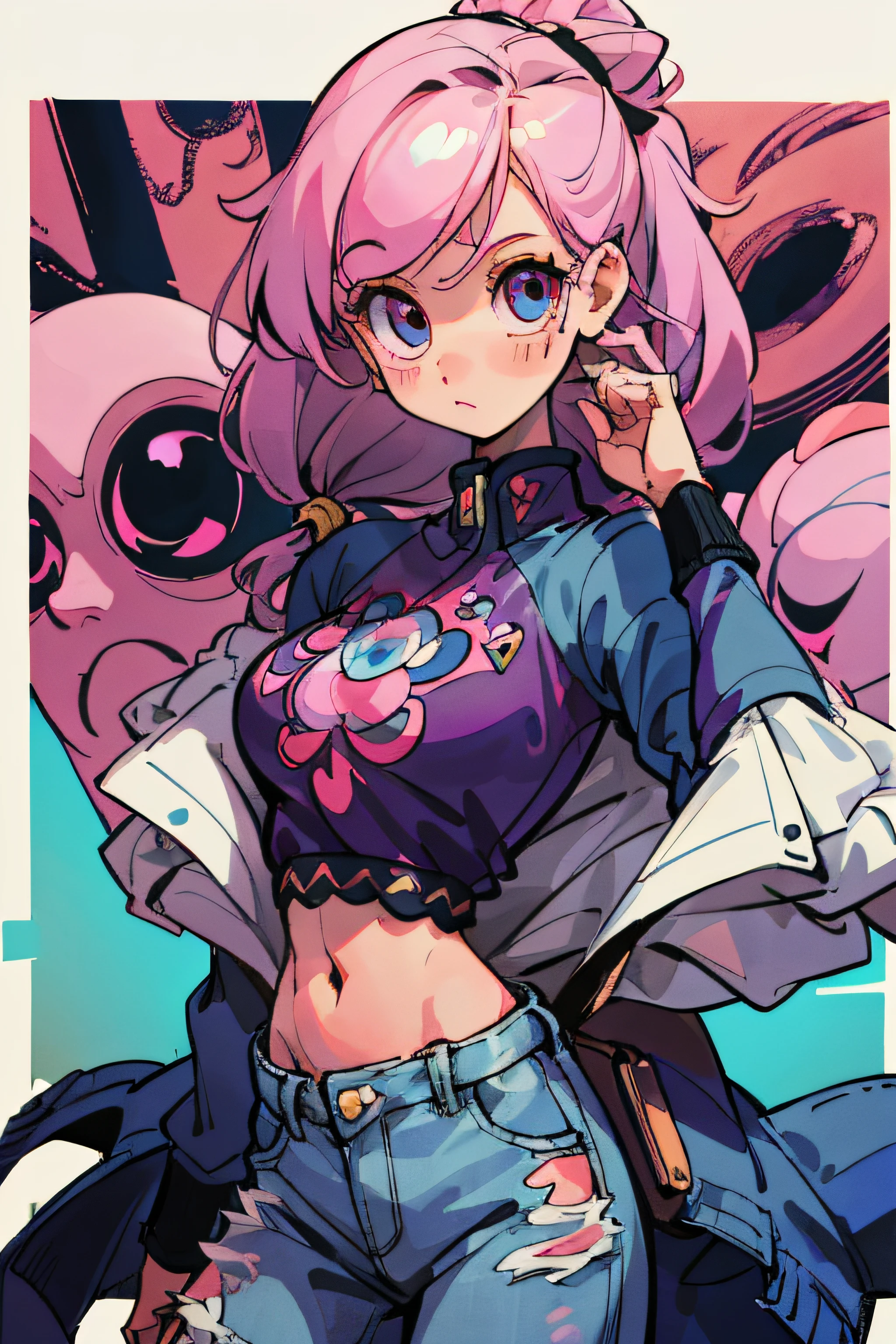 A cartoon girl with pink hair and a blue shirt and jeans - SeaArt AI