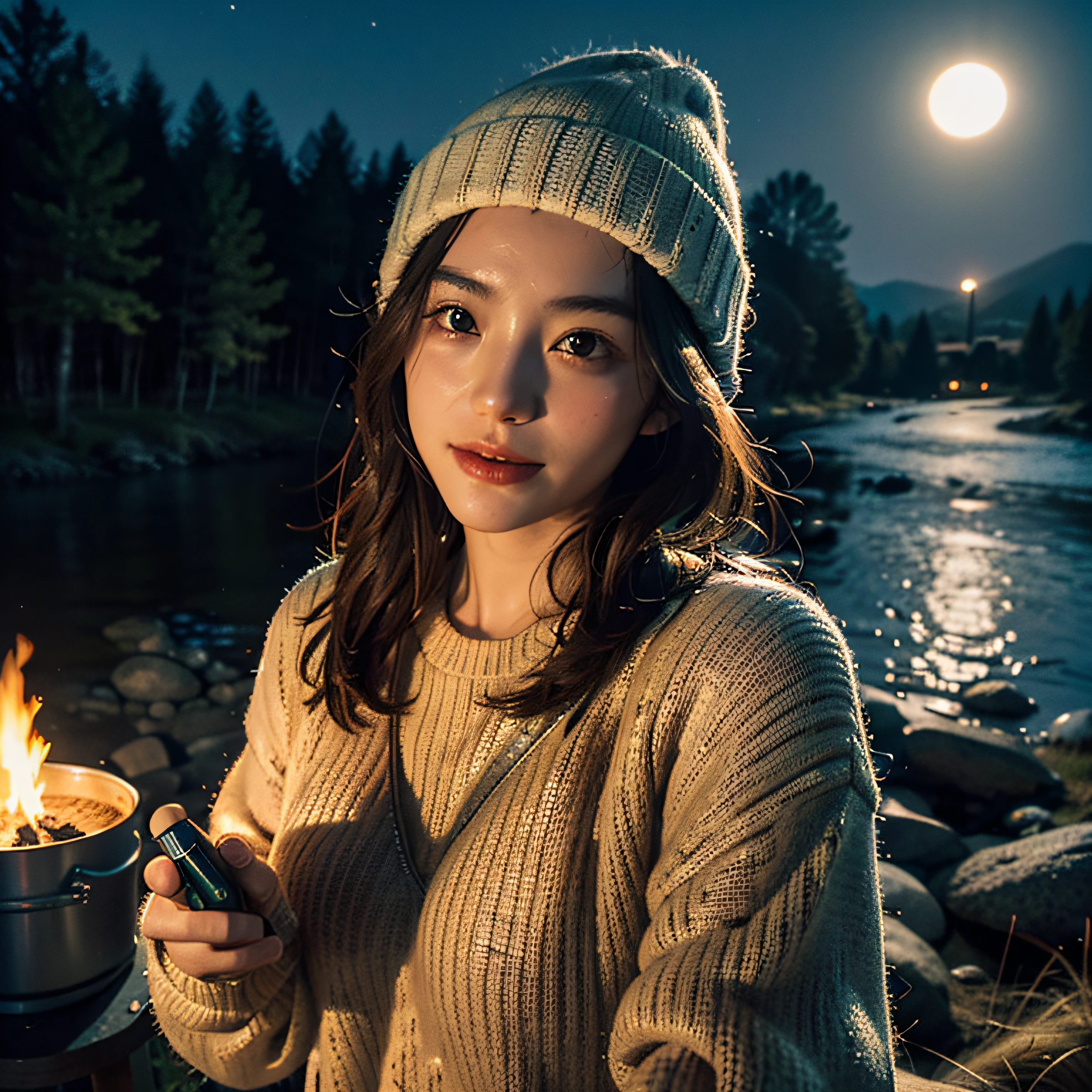 1 woman((Upper body selfie, Happy)), masutepiece, Best Quality, Ultra-detailed, Solo, Outdoors, (Night), mountainscape, Nature, (Stars, Moon) Cheerful, Happy, backpack, sleeping bag, Camping stove, water bottle, Mountain boots, gloves, Sweaters, hat, flash lights, forest, boulders, River, Wood, Smoke, shadowy, Contrasty, crystal clear skies, analog style (look at viewr:1.2) (Skin Texture) (Film grain:1.3), (warm hue, warm tone)