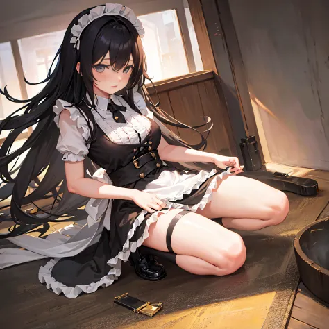 black long hair lori, wearing a maid outfit, kneeling, legs and five fingers, colossal tits, cute 2d, background backlighthigh-d...