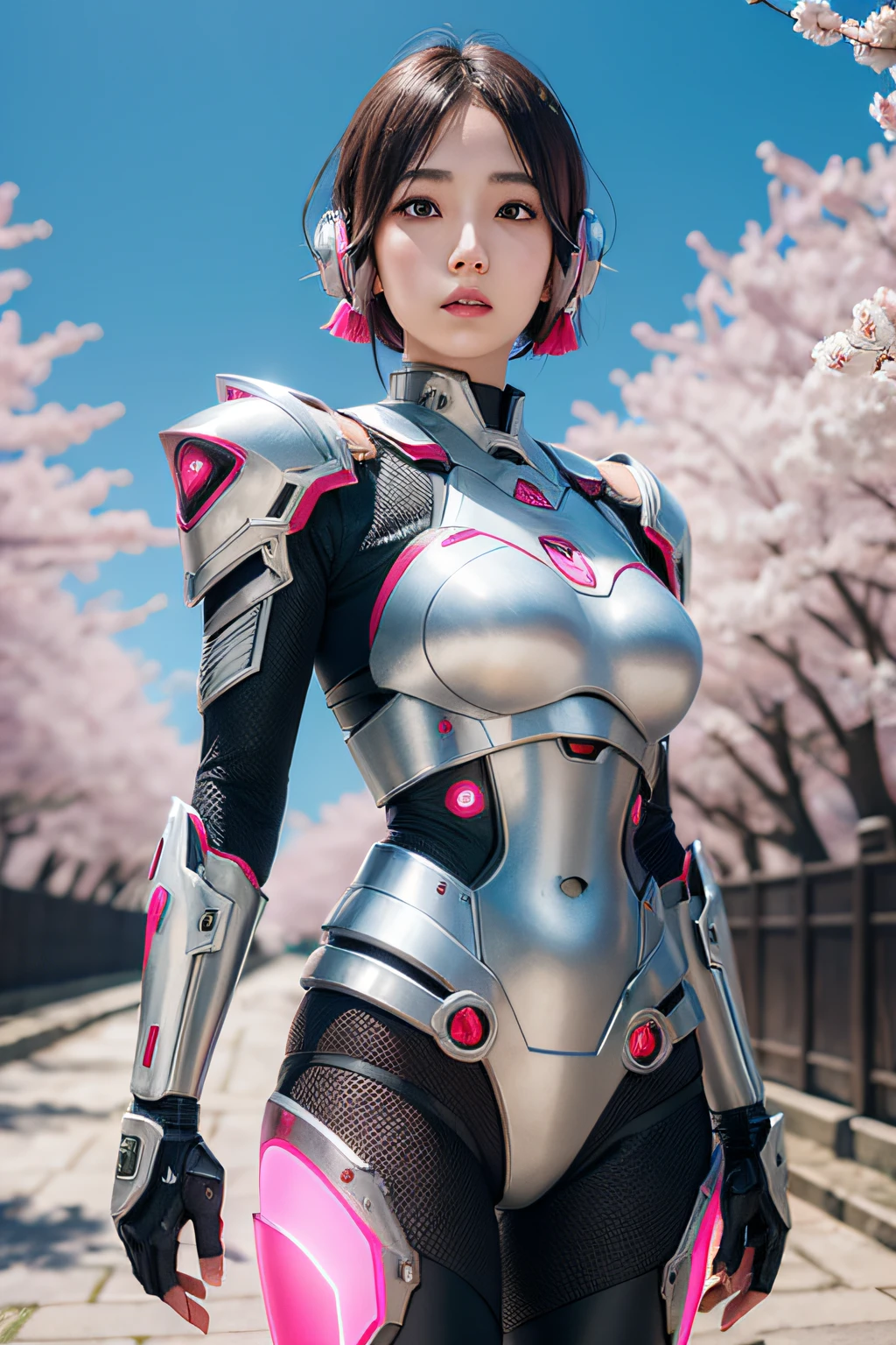 美丽的日本年轻女子, 穿着机器人盔甲, 厚对称特征, 很短的头发, 背景是樱花, 粉红光环, 红唇, 辛烷值渲染,